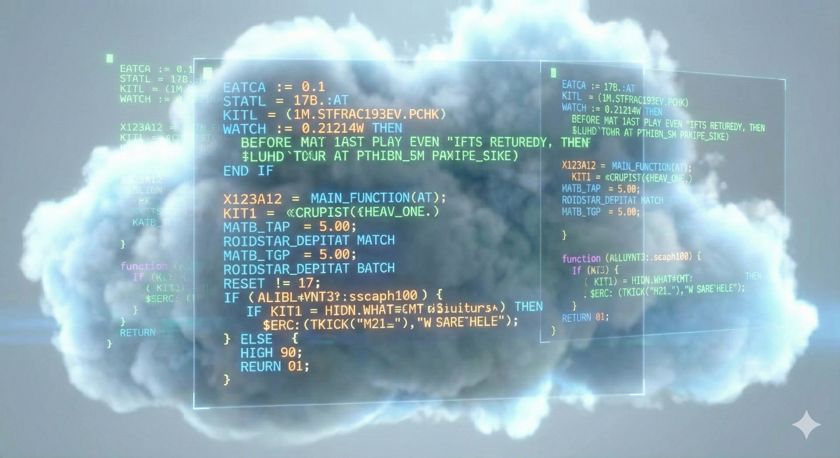 קוד מחשב ירוק ומיושן על מסך שחור הופך בהדרגה לקוד מודרני, נקי וצבעוני בתוך סביבת ענן מוארת