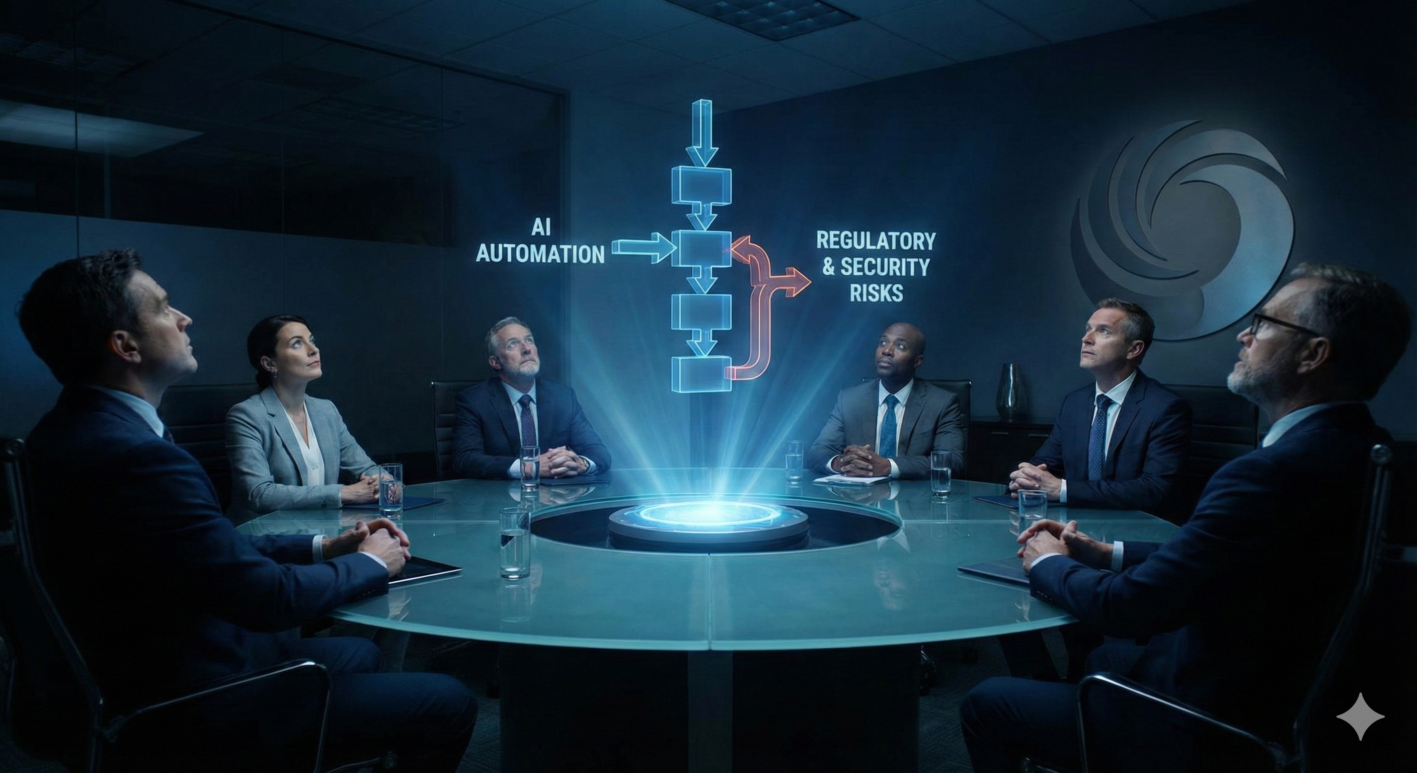 שולחן ישיבות דירקטוריון יוקרתי, שבמרכזו הולוגרמה המציגה נתונים עסקיים וסיכוני AI, מול חברי דירקטוריון קשובים