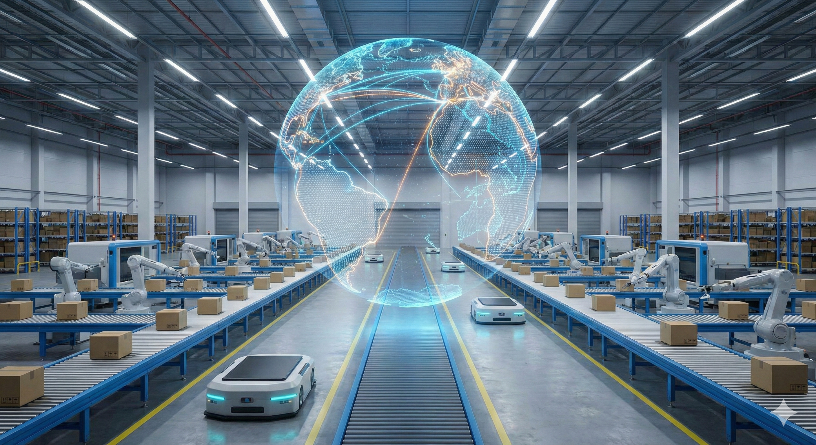 מחסן לוגיסטי עתידני שבו רובוטים אוטונומיים מזיזים חבילות במהירות, תחת פיקוח של הולוגרמה המציגה את נתיבי השילוח העולמיים