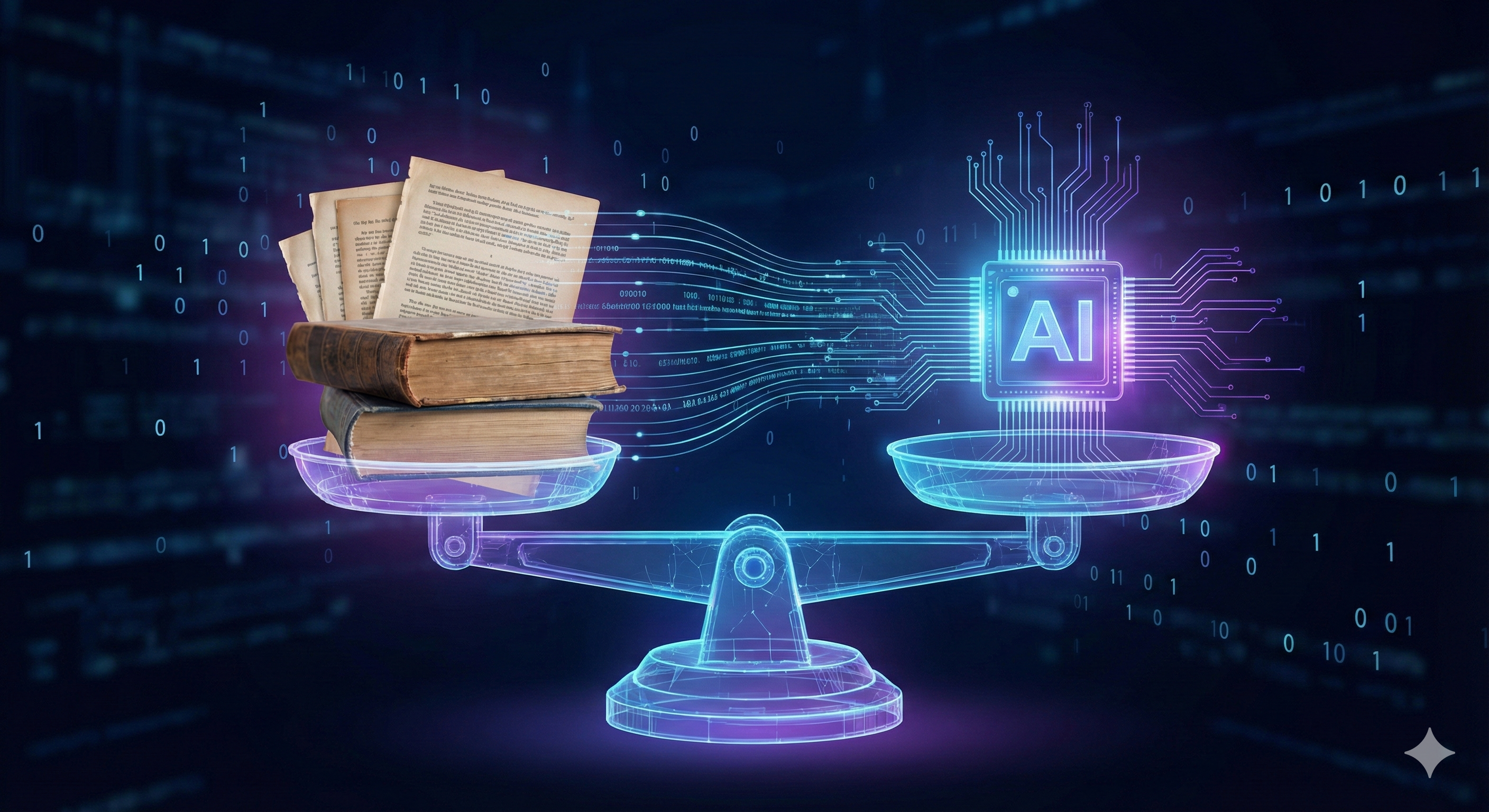 מאזני צדק דיגיטליים זוהרים המאזנים בין ערימת מסמכים מסורתית לבין שבב בינה מלאכותית מודרני.