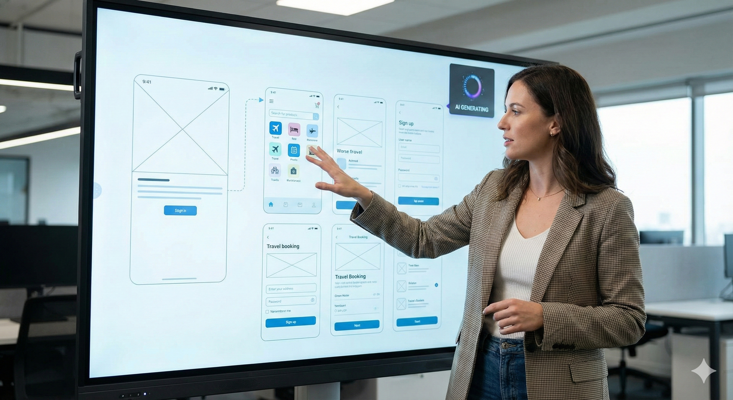תמונה של מנהלת מוצר מול לוח דיגיטלי עם כיתוב "AI GENERATING"