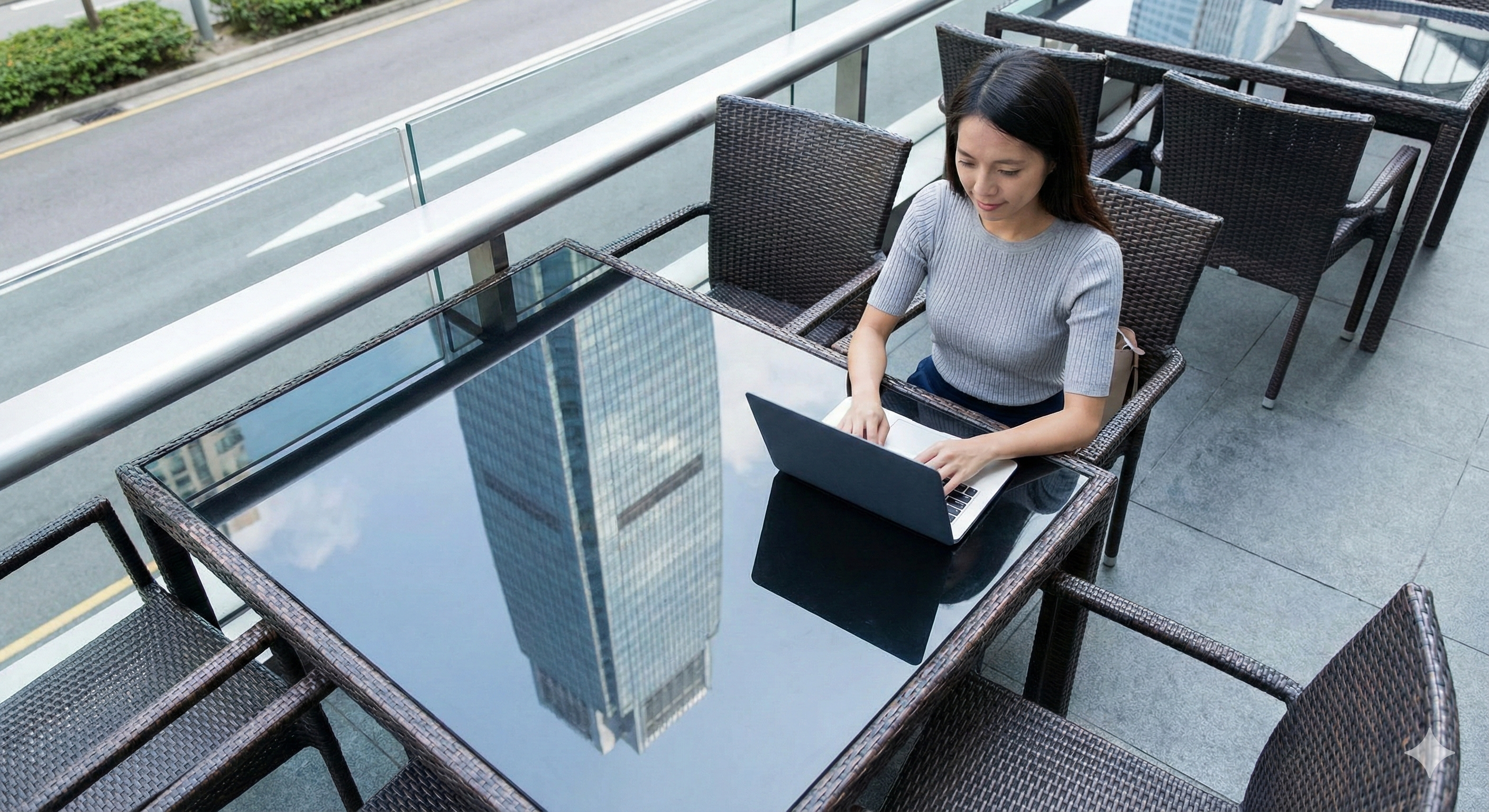 יזם צעיר יושב בבית קפה עם לפטופ, ומאחוריו השתקפות של גורד שחקים המייצג את האימפריה העסקית הדיגיטלית שלו