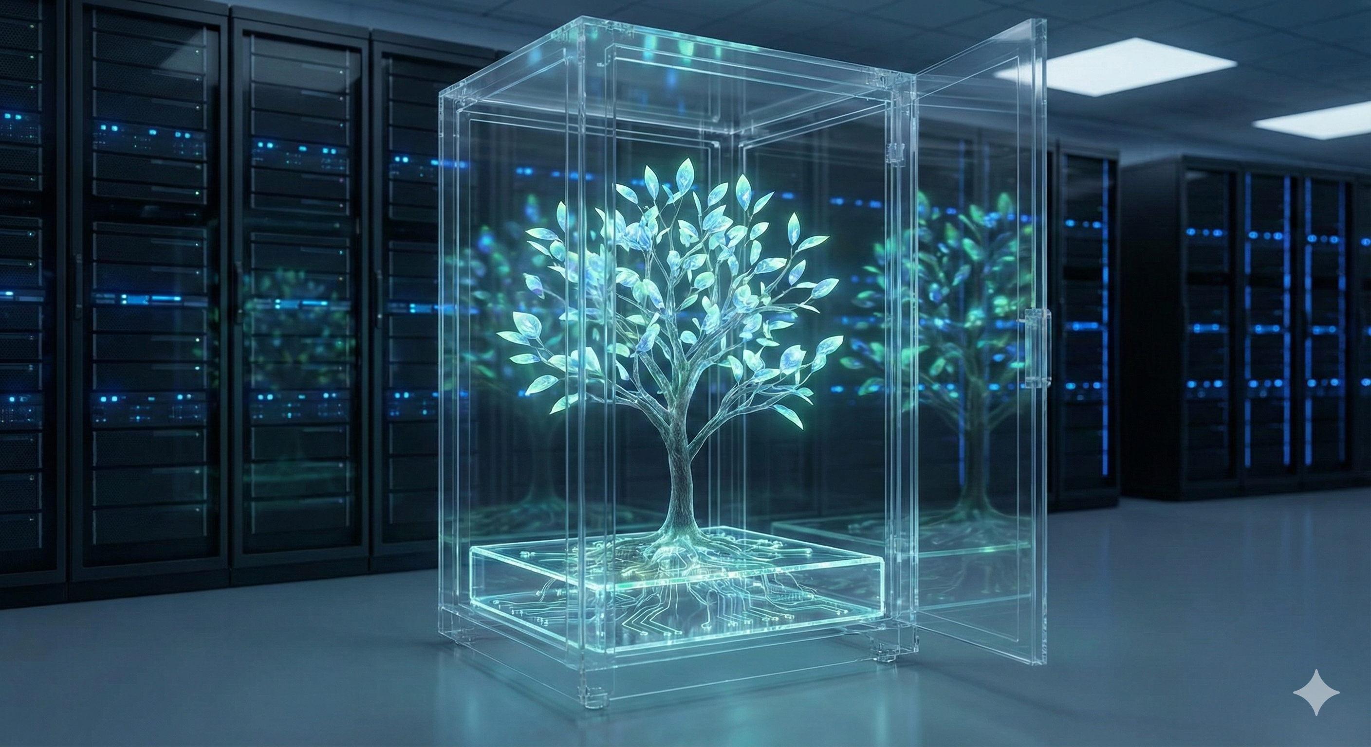 שרת מחשב שקוף שבתוכו צומח עץ ירוק, המסמל את השילוב בין טכנולוגיה לקיימות, על רקע חוות שרתים נקייה