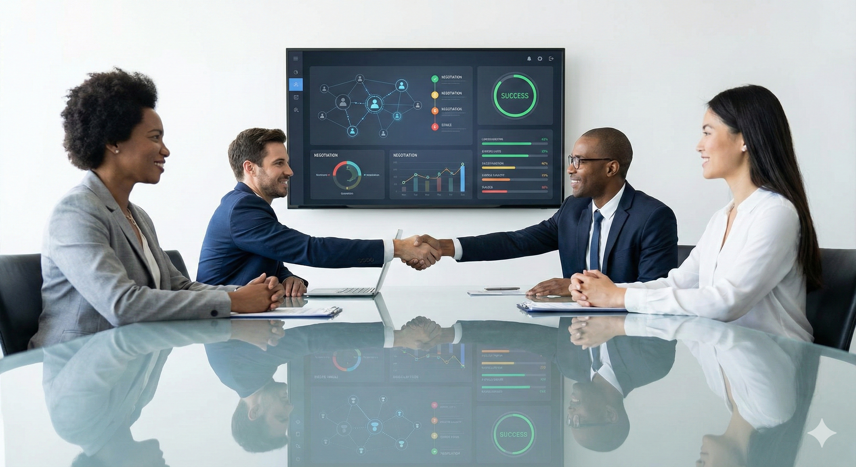 שני אנשי עסקים לוחצים ידיים בחדר ישיבות, כשברקע השתקפות דיגיטלית מציגה נתונים וגרפים של אסטרטגיית המשא ומתן