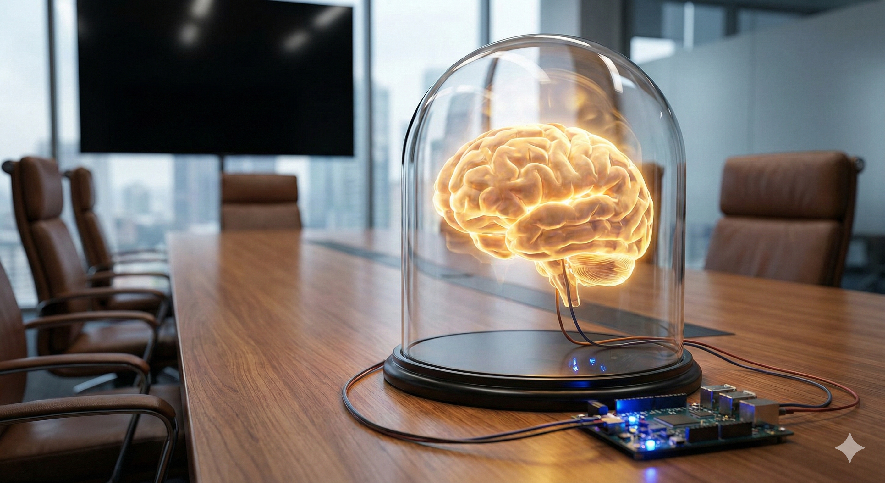 מוח אנושי זוהר המחובר למעגל אלקטרוני, המייצג את השילוב בין אינטואיציה ללוגיקה ממוחשבת, על רקע חדר ישיבות מטושטש