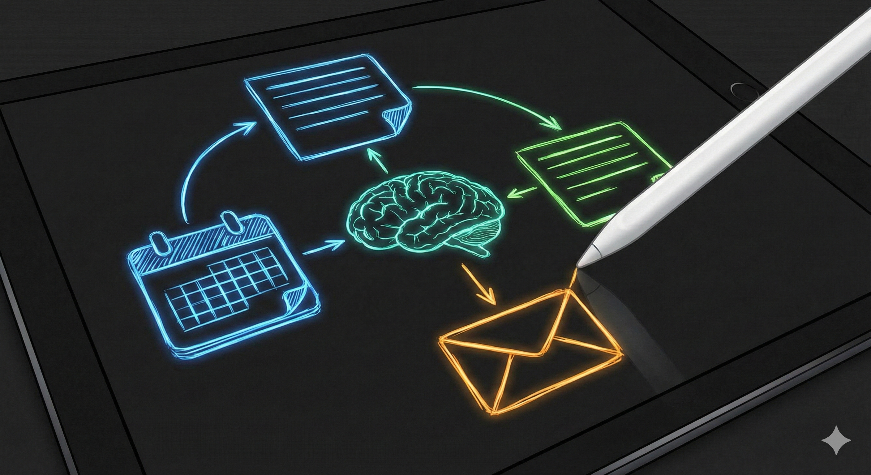 תרשים זרימה נקי וצבעוני על מסך מחשב, המראה חיבור בין אייקון של לוח שנה, מוח מלאכותי ואייקון של הודעת דואר אלקטרוני, המסמל אוטומציה חכמה.