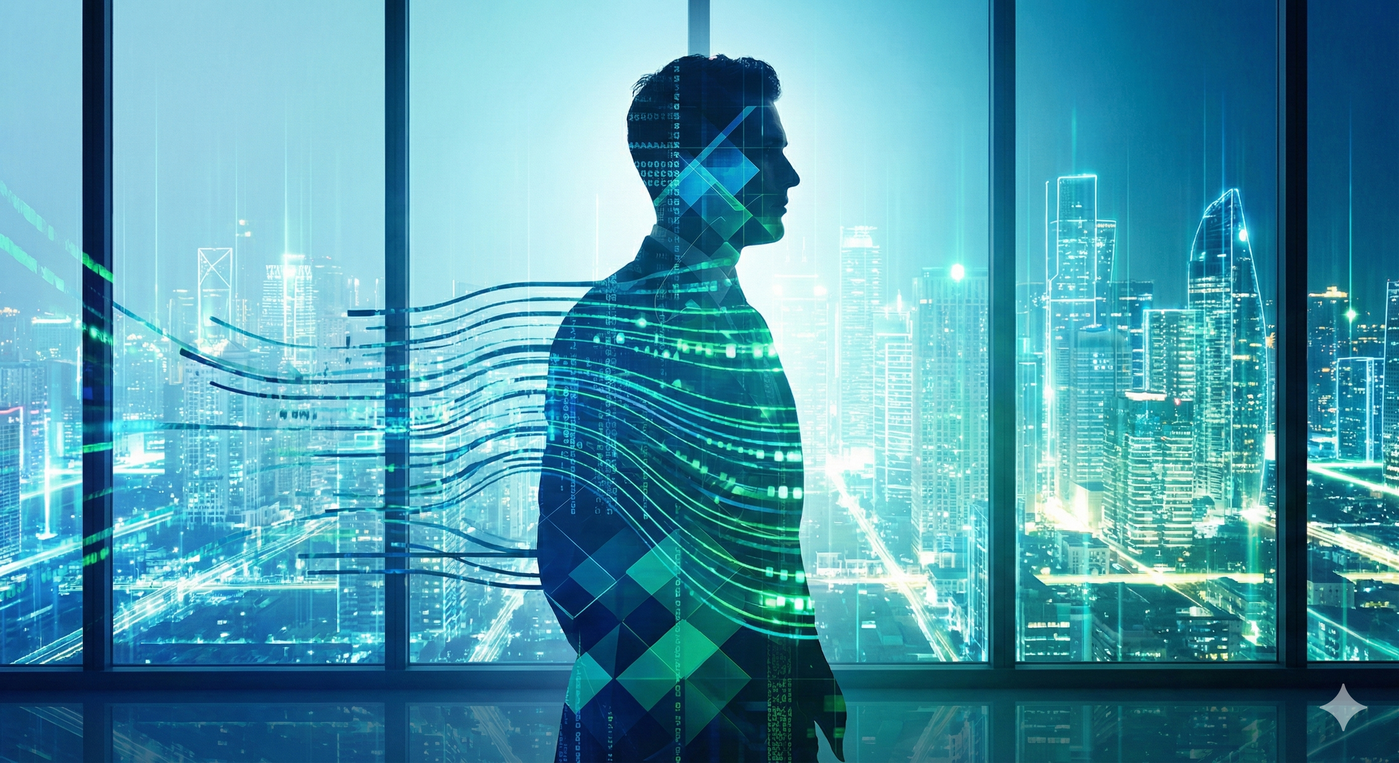 דמות מנהל בצללית משקיפה על עיר עתידנית דרך חלון משרדי, כשעל הזכוכית מוקרנים נתונים ומדדי סיכון בצבעים מרגיעים של כחול וירוק
