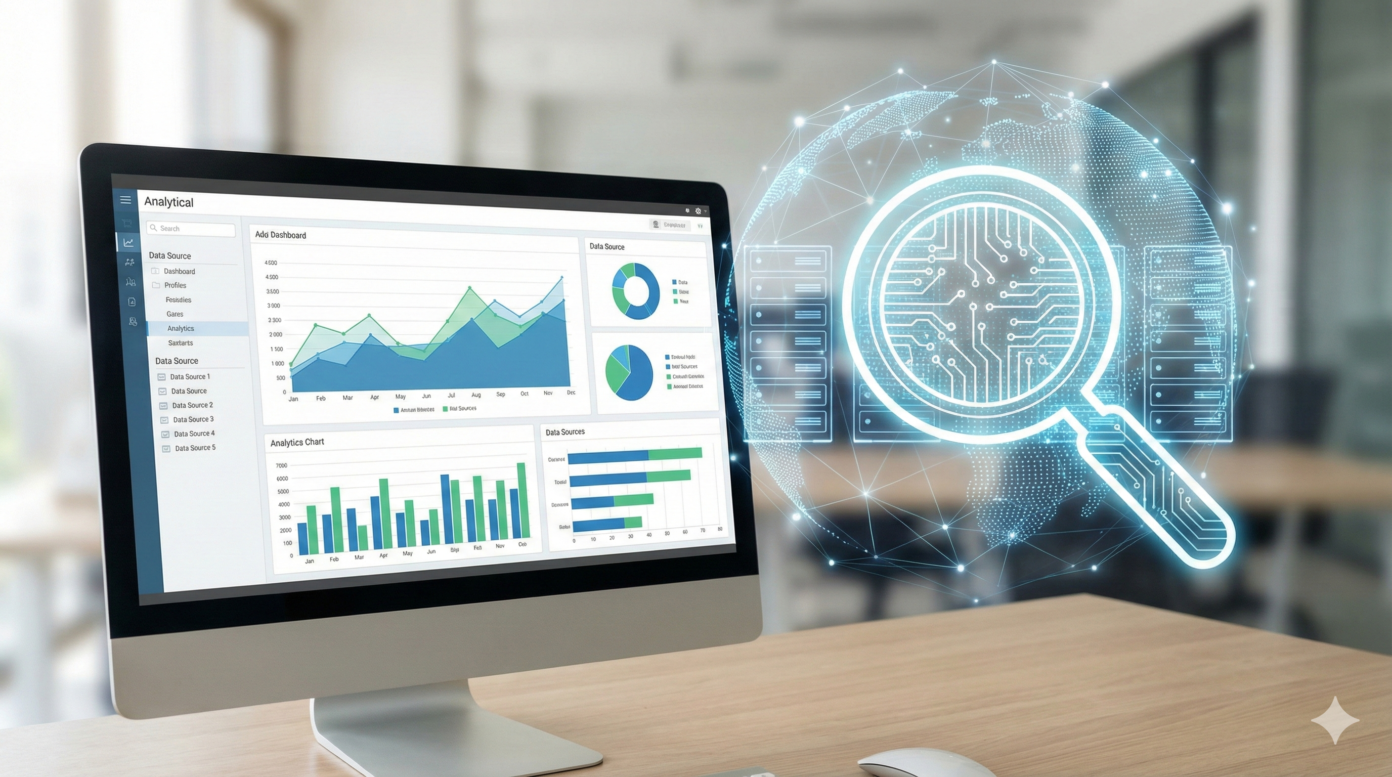 מסך מחשב המציג דוח אנליטי מעוצב עם גרפים ומקורות מידע, כשברקע זכוכית מגדלת דיגיטלית סורקת את רשת האינטרנט העולמית.