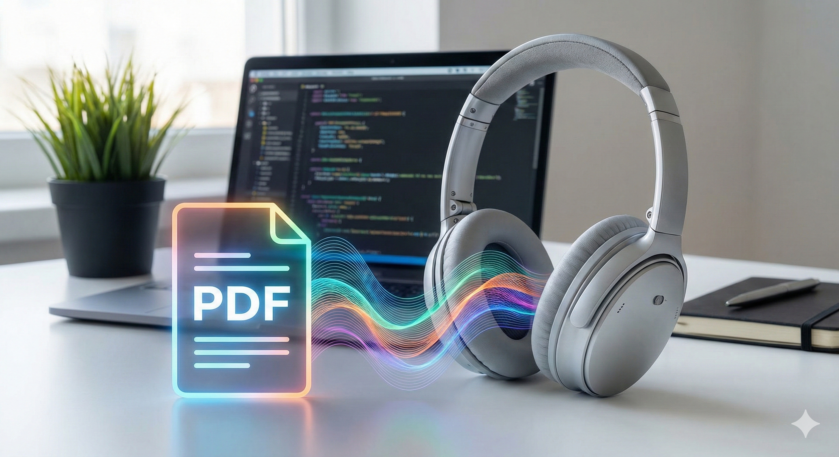 אייקון של קובץ PDF הופך לגלי קול צבעוניים הנכנסים לאוזניות מודרניות, על רקע סביבת עבודה היברידית.