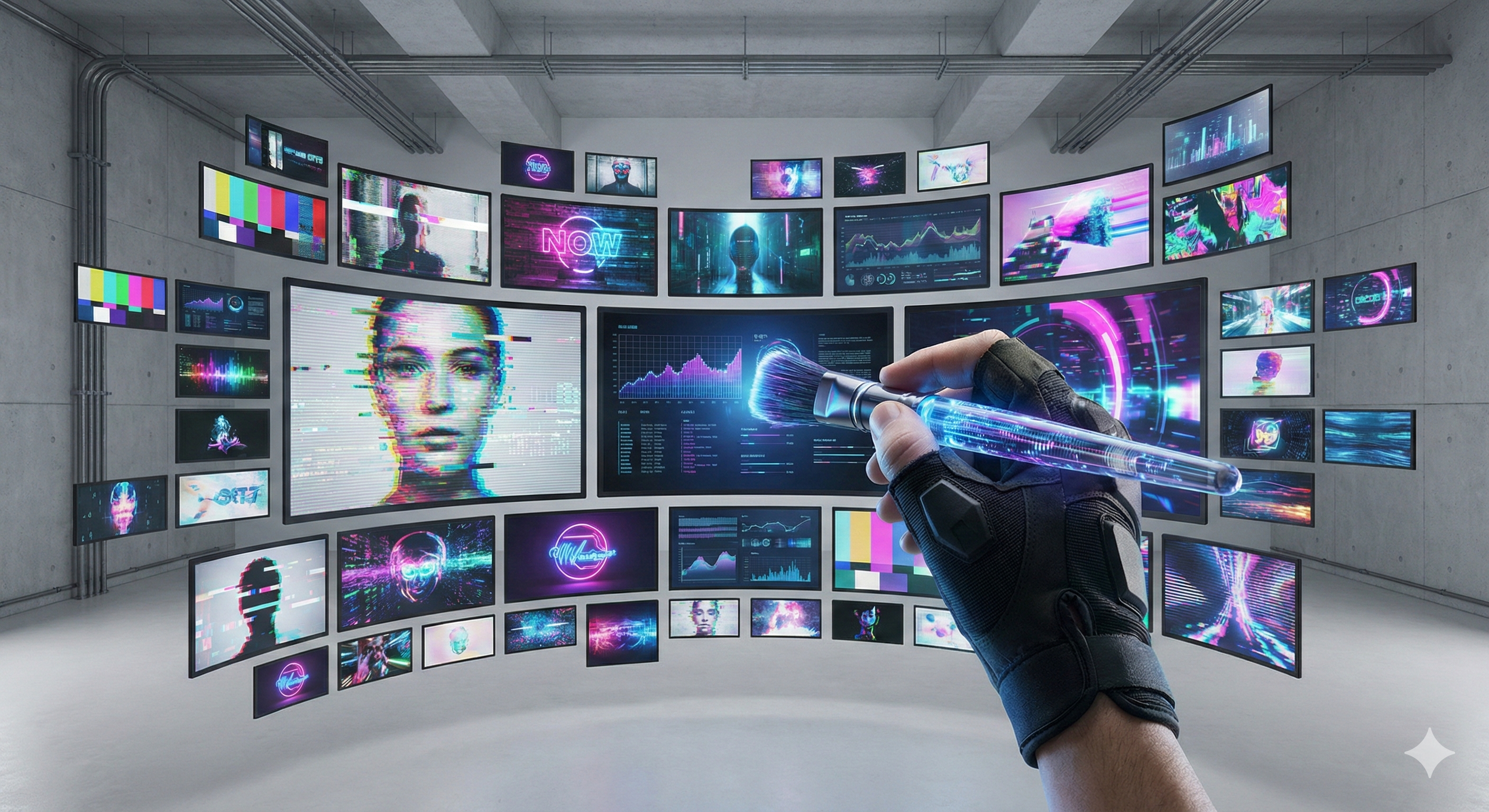  יד אנושית אוחזת במכחול דיגיטלי, המנצחת על תזמורת של מסכים המציגים אלפי וריאציות צבעוניות של מודעת פרסומת, בסגנון סייבר-פאנק נקי.