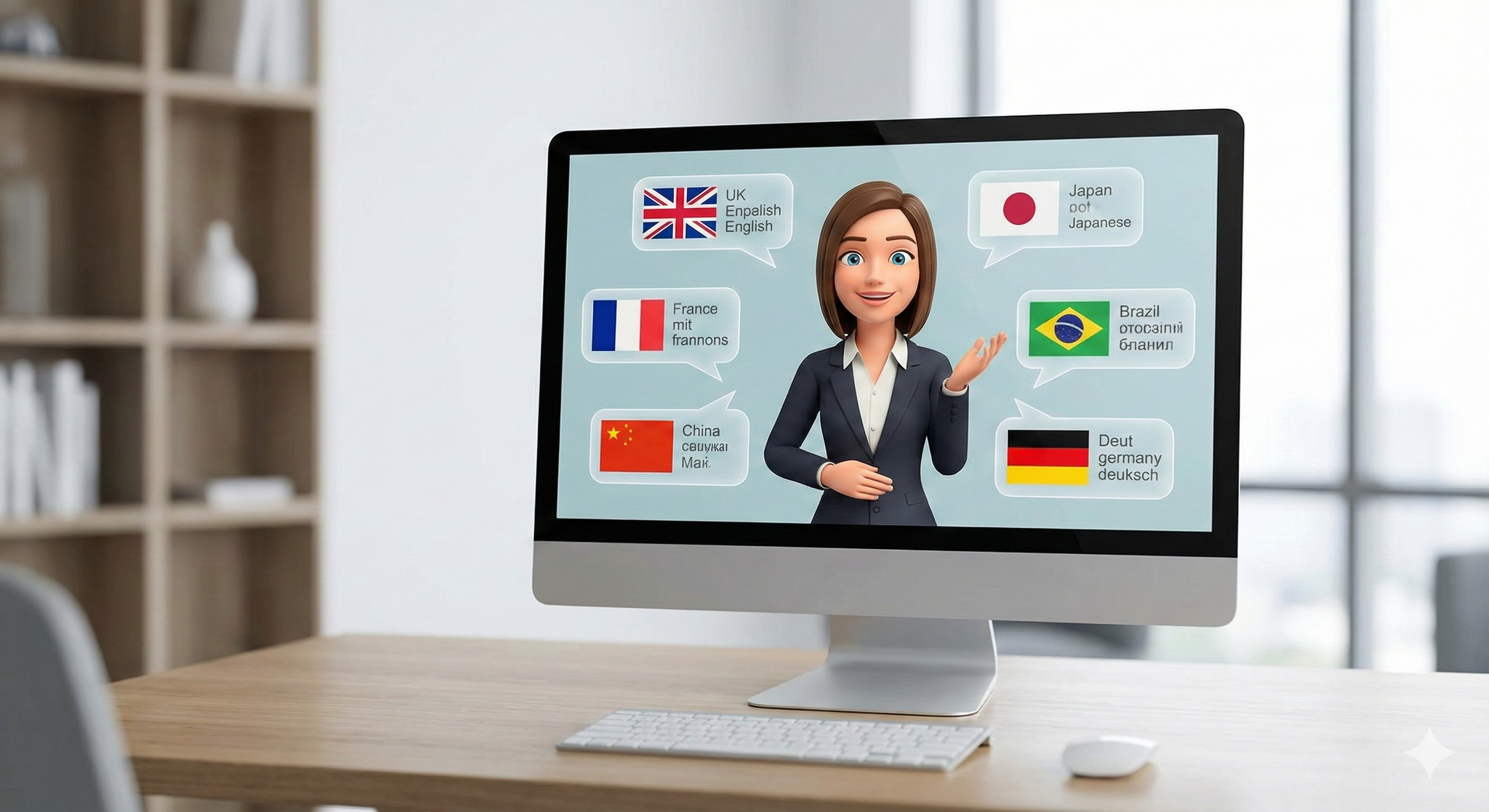דמות עסקית סימפטית (אווטאר) על מסך מחשב, המדברת בשפות שונות (דגלי מדינות מופיעים בבועות דיבור), ומייצגת תקשורת גלובלית חכמה.