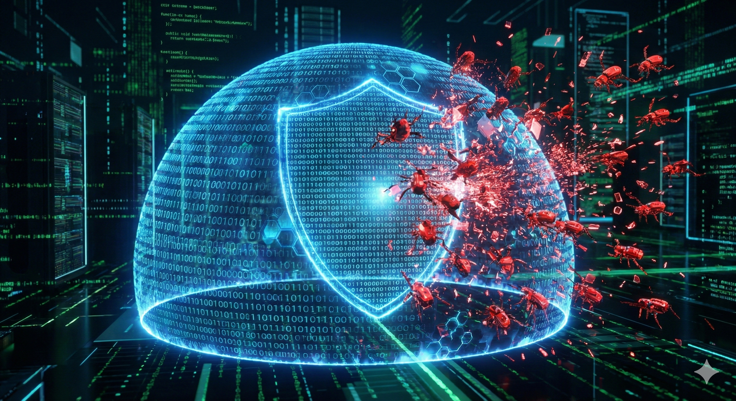 מגן דיגיטלי זוהר המורכב מקוד בינארי כחול, הודף נחיל של בוטים אדומים התוקפים אותו במרחב הסייבר, בסגנון מטריקס מודרני.