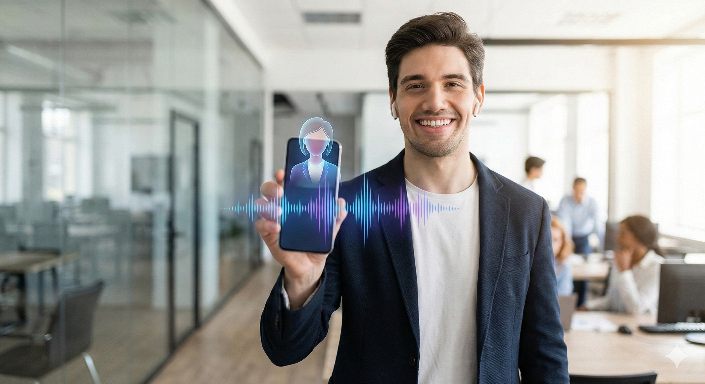 איש מכירות צעיר עם אוזניות אלחוטיות, מחייך בביטחון תוך כדי שיחה עם דמות וירטואלית המופיעה על מסך הסמארטפון שלו בגרף גלי קול.