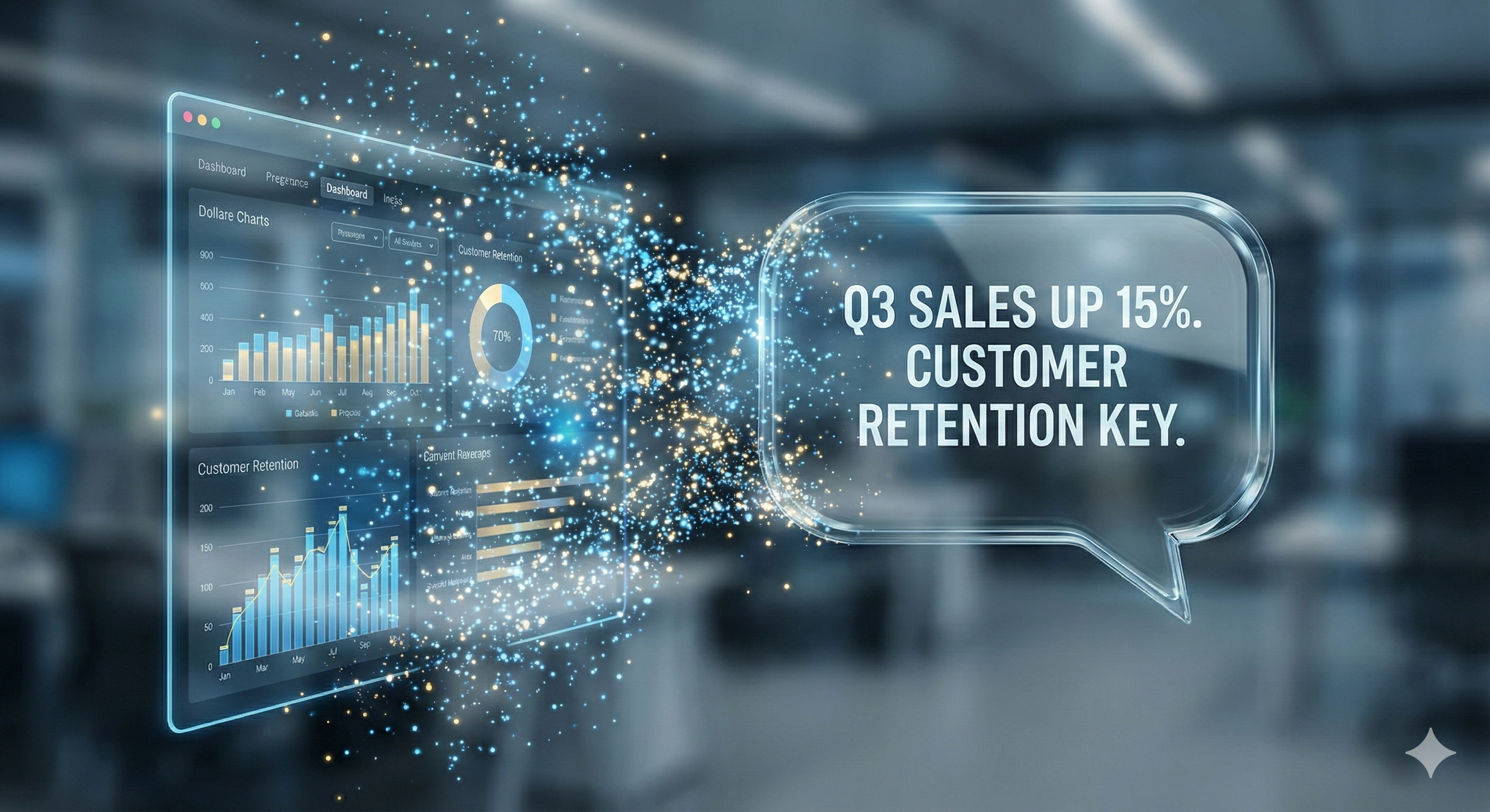 לוח מחוונים דיגיטלי מתפרק לחלקיקים זוהרים, שמתחברים מחדש לצורת בועת דיבור נקייה ואלגנטית המציגה תובנה עסקית ברורה.