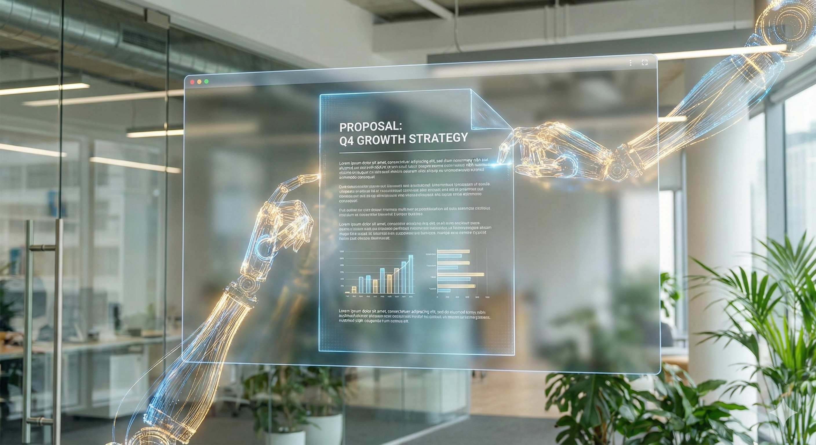 מסמך עסקי דיגיטלי נבנה מעצמו על מסך מרחף, כשזרועות רובוטיות עדינות של אור מעצבות את הטקסט והגרפיקה לכדי הצעה מושלמת.