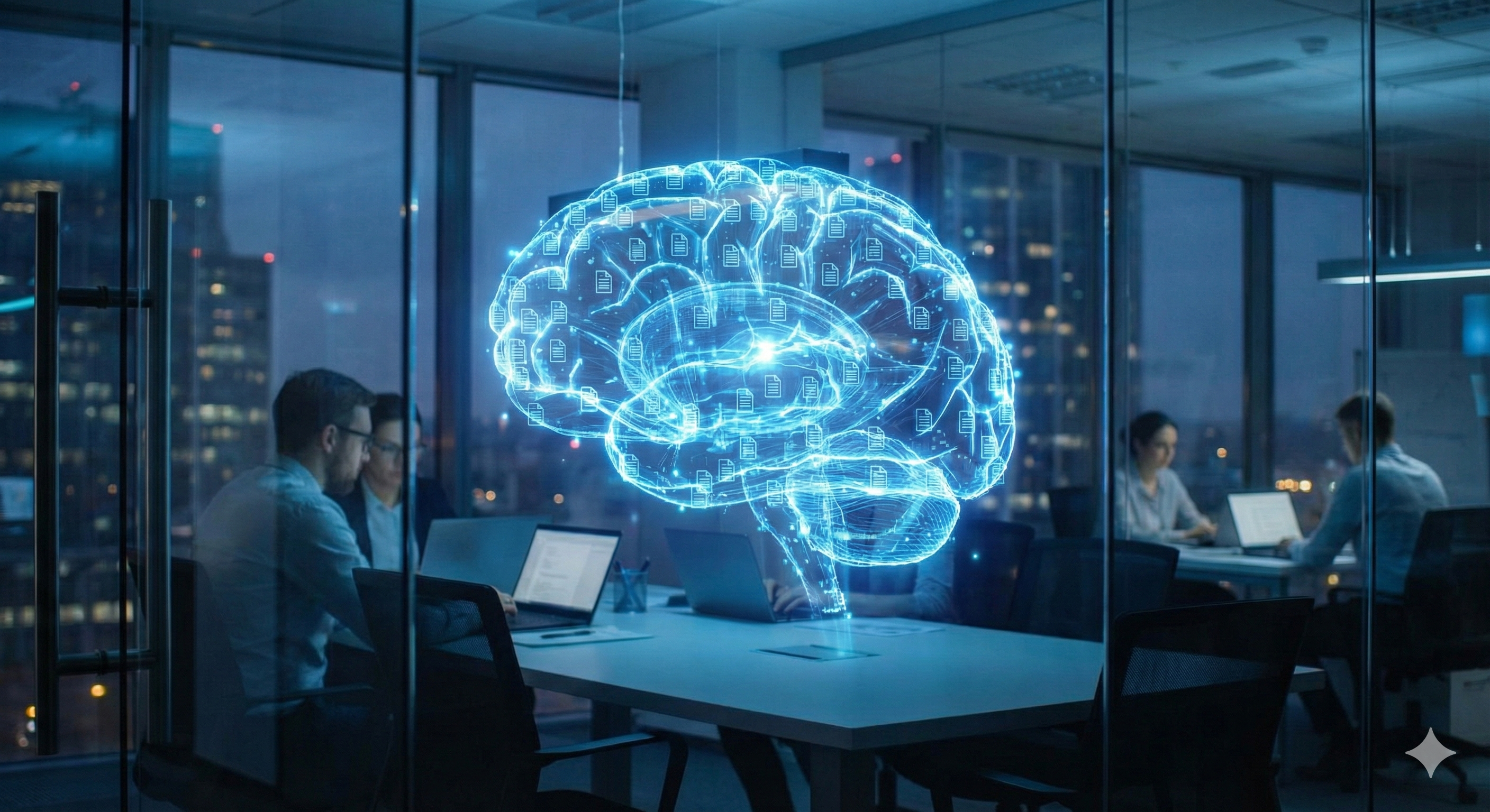 מוח דיגיטלי זוהר המורכב מאלפי קבצים ומסמכים קטנים המחוברים בקווי אור, מרחף במרכז משרד מודרני ושקוף.