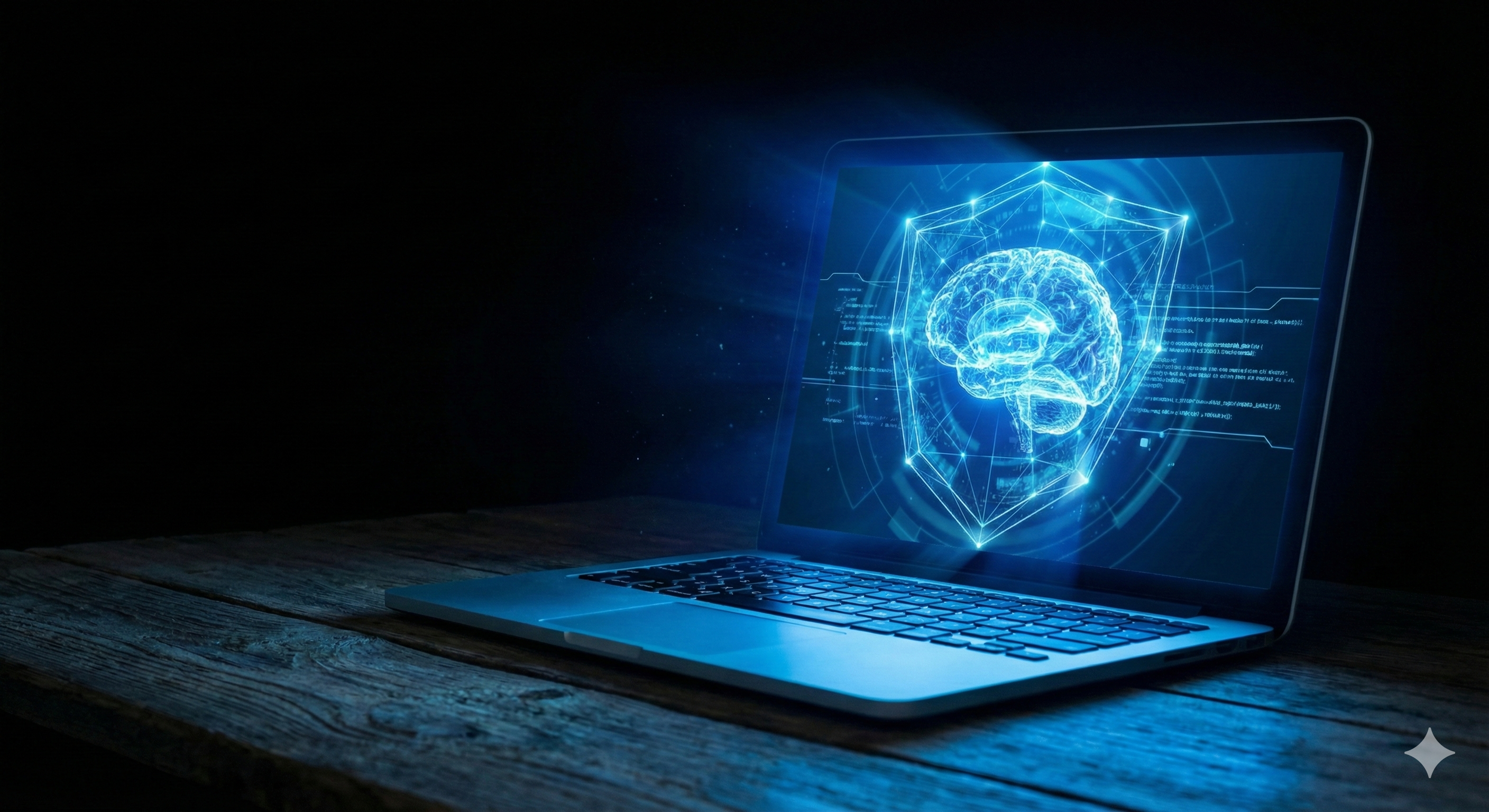 מחשב נייד פתוח בחדר חשוך, כשהמסך מאיר באור כחול ומציג אייקון של מנעול דיגיטלי המגן על מוח מלאכותי זוהר.