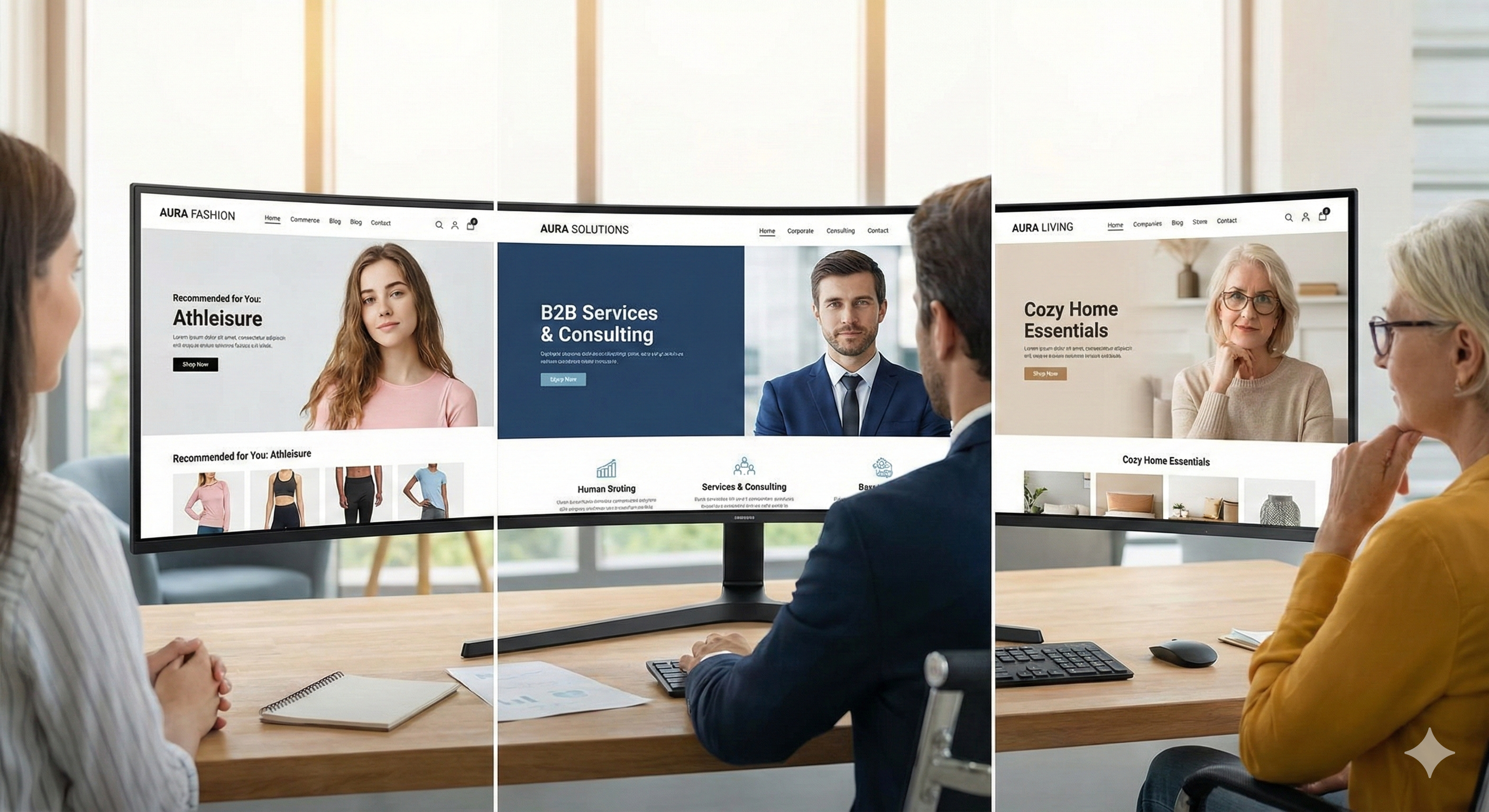 מסך מחשב המציג שלושה אתרי אינטרנט שונים לחלוטין עבור אותו מותג, המותאמים לשלוש דמויות שונות המביטות בהם, ומדגים את כוחה של הפרסונליזציה.