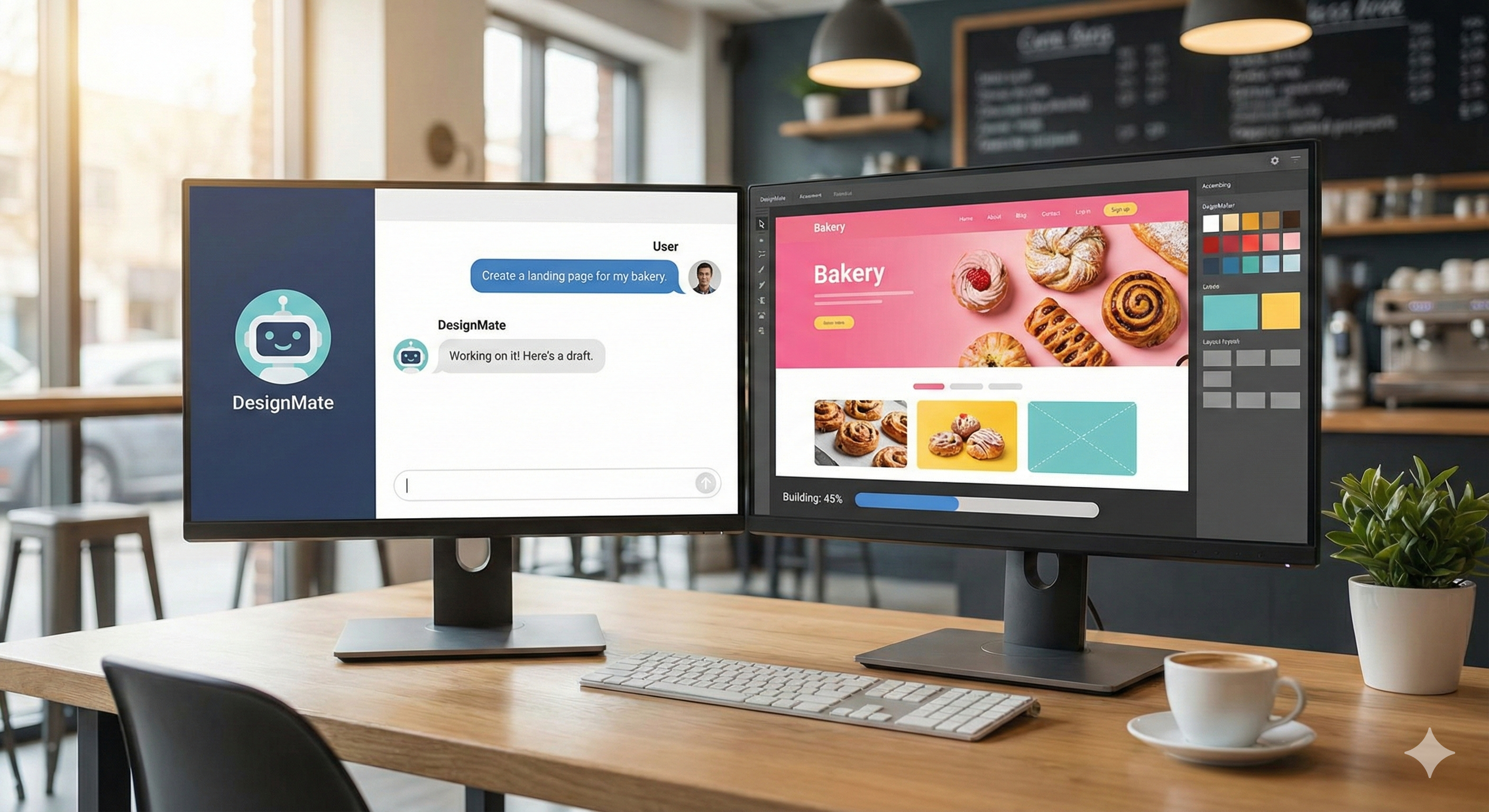 מסך מחשב חצוי לשניים: בצד אחד צ'אט עם רובוט, ובצד השני אפליקציה צבעונית ומודרנית נבנית בזמן אמת, המייצגת את הקלות שביצירה טכנולוגית.