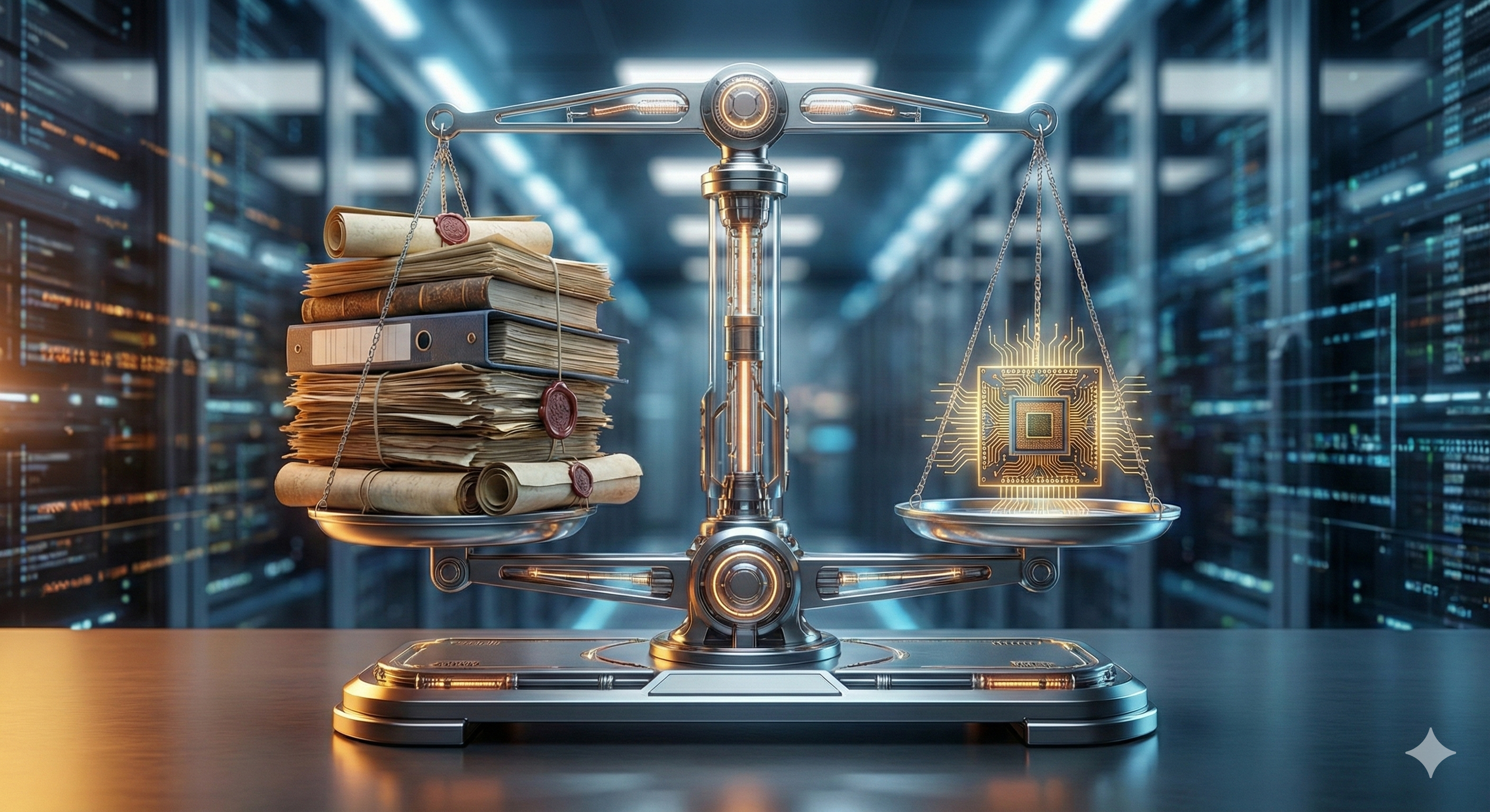 מאזני צדק עתידניים עשויים אור כחול, המאזנים בין ערימת ניירת מצד אחד לבין שבב סיליקון קטן וזוהר מצד שני.