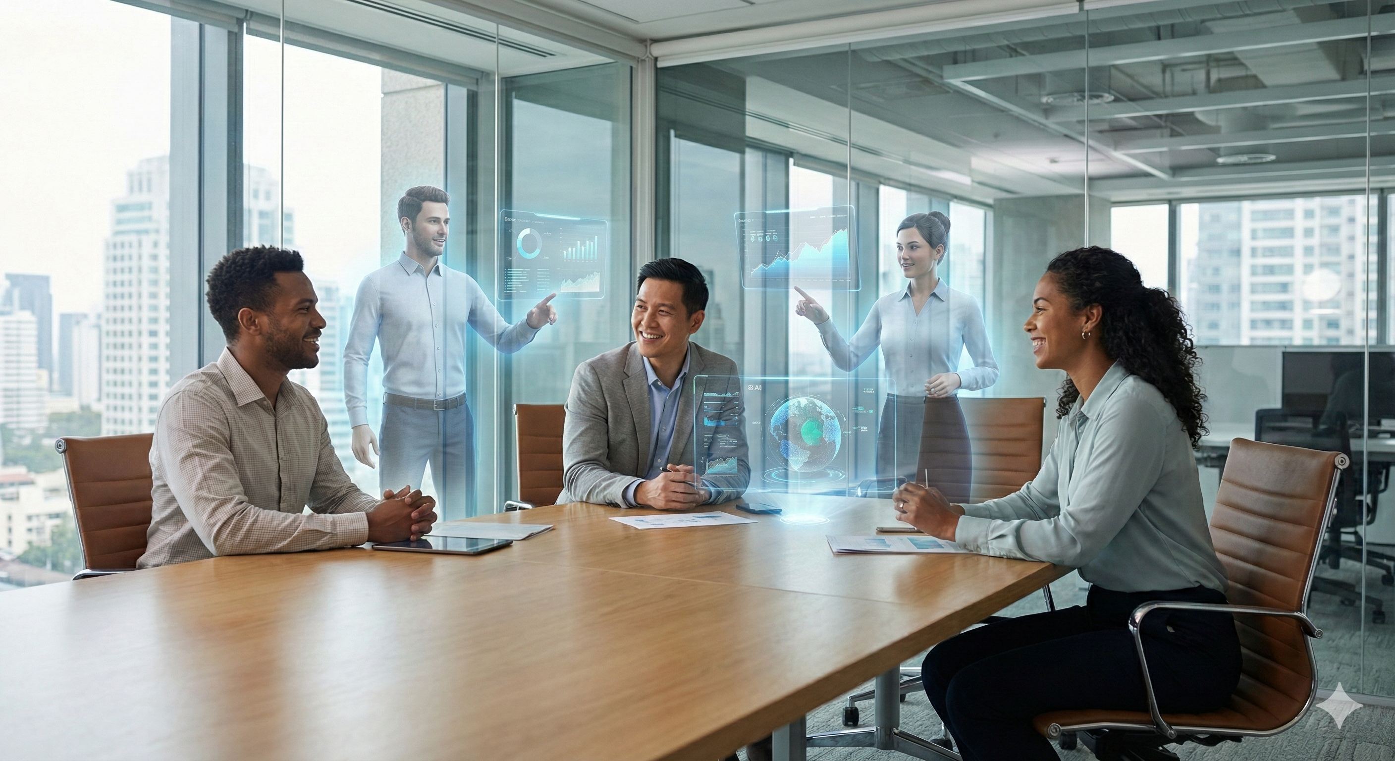 חדר ישיבות מודרני שבו יושבים שלושה אנשים סביב שולחן, וביניהם הולוגרמות שקופות של דמויות AI המציגות נתונים, בדיון משותף ופורה.