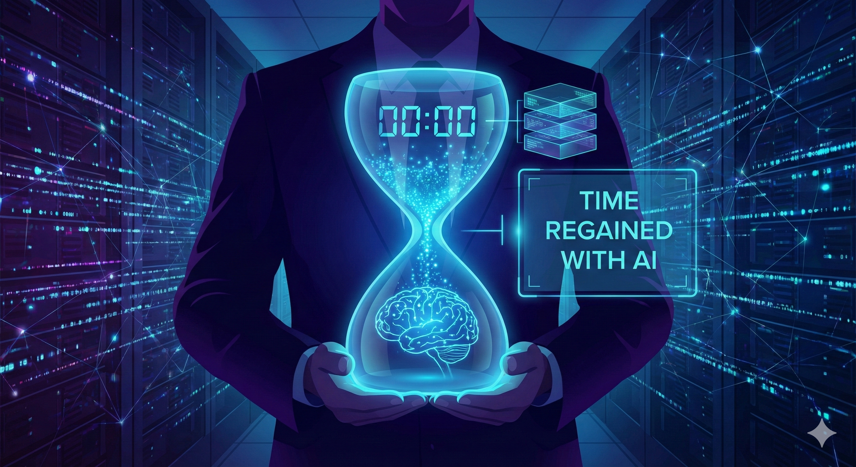 שעון חול דיגיטלי שבו החול זורם כלפי מעלה, מסמל את הזמן שנחסך וחוזר למנהל בזכות השימוש בבינה מלאכותית.