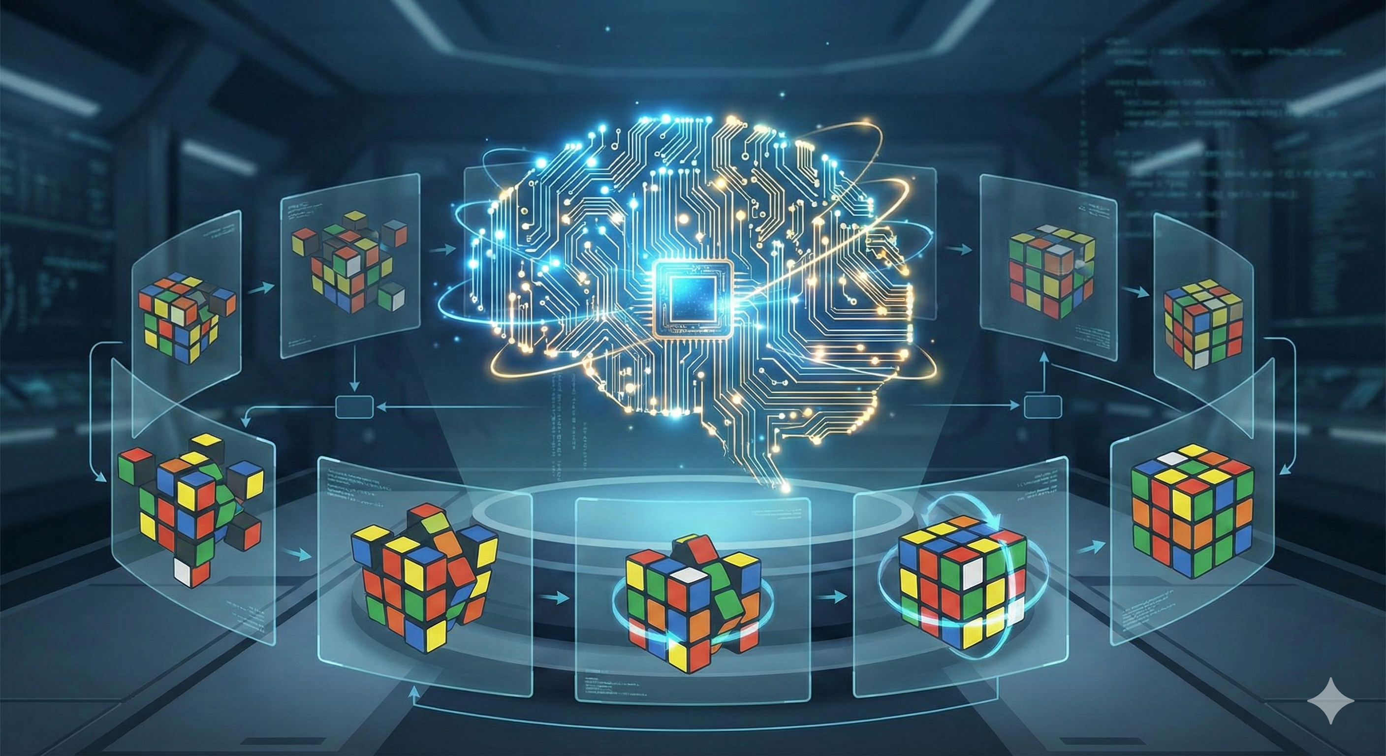 אייקון של מוח אלקטרוני המורכב ממעגלים חשמליים זוהרים, כשהוא מפרק קובייה הונגרית מורכבת ומסדר אותה מחדש בשלבים לוגיים.