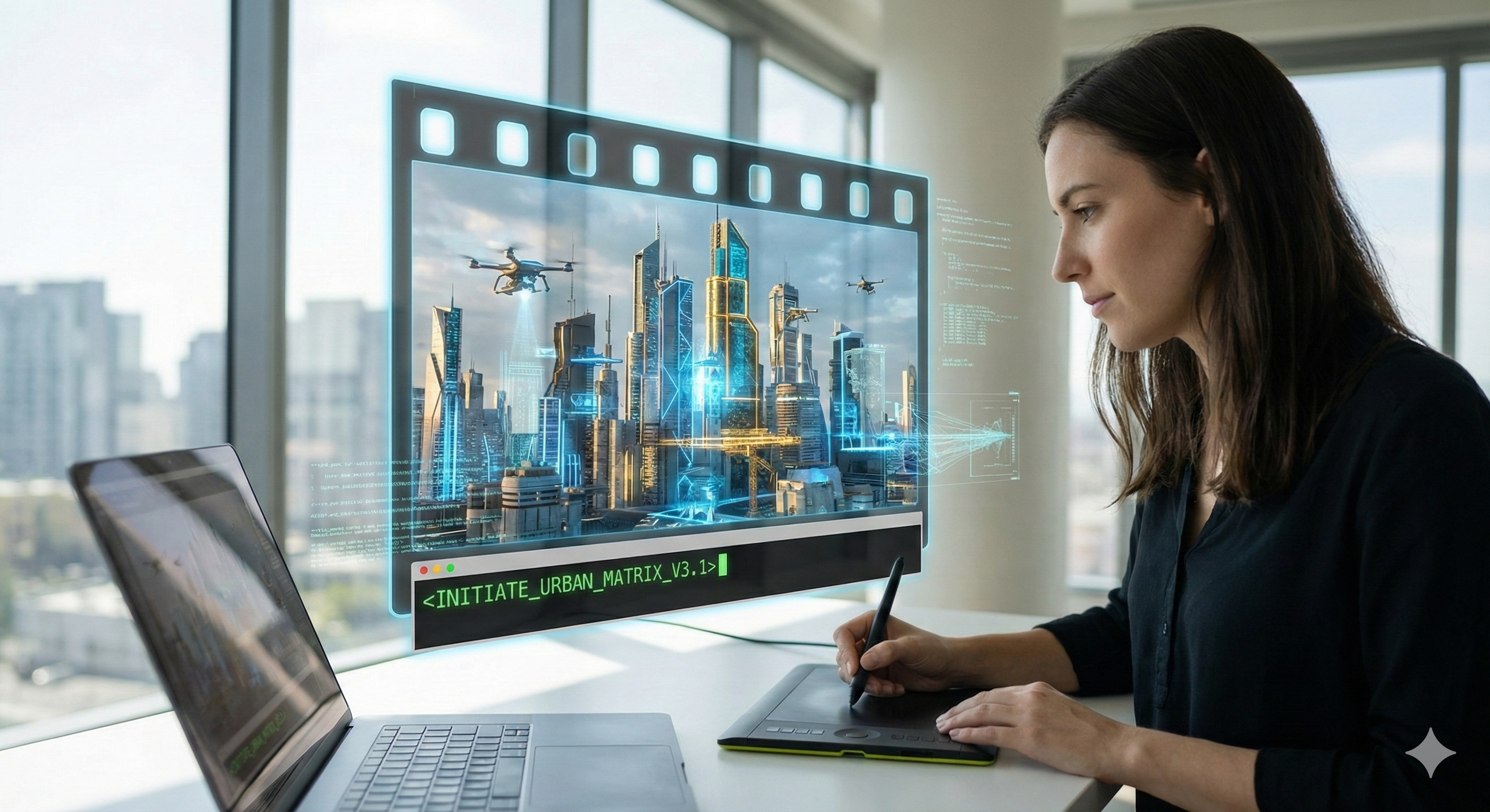 מסגרת סרט קולנוע דיגיטלית שבה רואים נוף עירוני מרהיב הנוצר מתוך שורת טקסט המוקלדת על מסך מחשב.