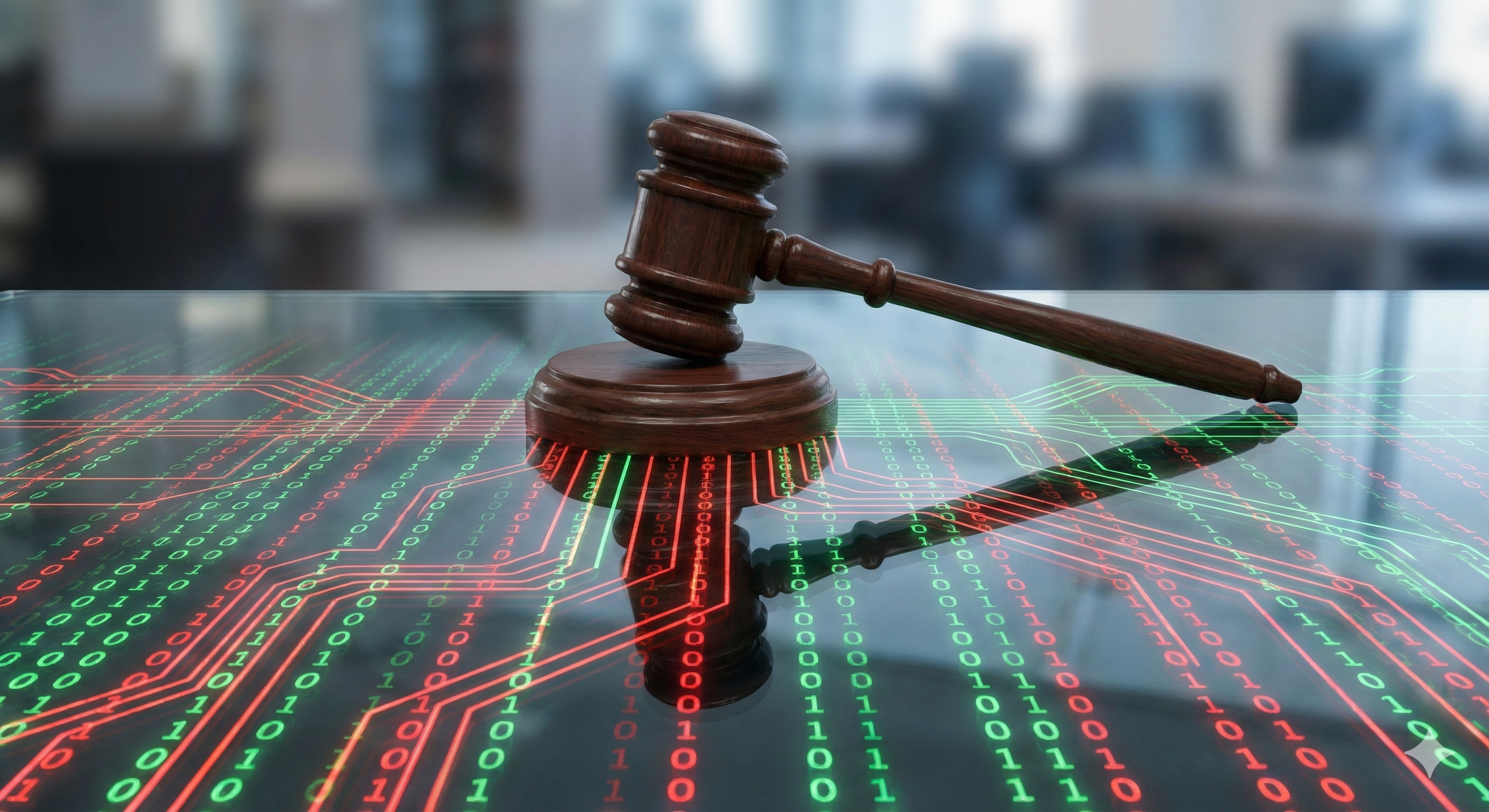 פטיש של שופט מונח על שולחן זכוכית, כשמתחתיו משתקפים קווים של קוד בינארי אדום וירוק, הממחישים את המפגש בין החוק לטכנולוגיה.