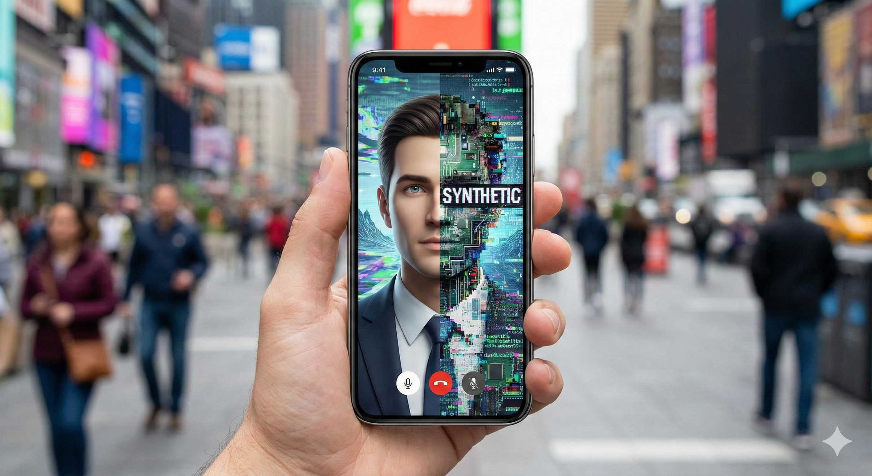 דמות עסקית מטושטשת על מסך סמארטפון, כשהחצי הימני שלה נראה אנושי והחצי השמאלי מורכב מפיקסלים דיגיטליים מתפרקים, המסמלים את הזיוף.