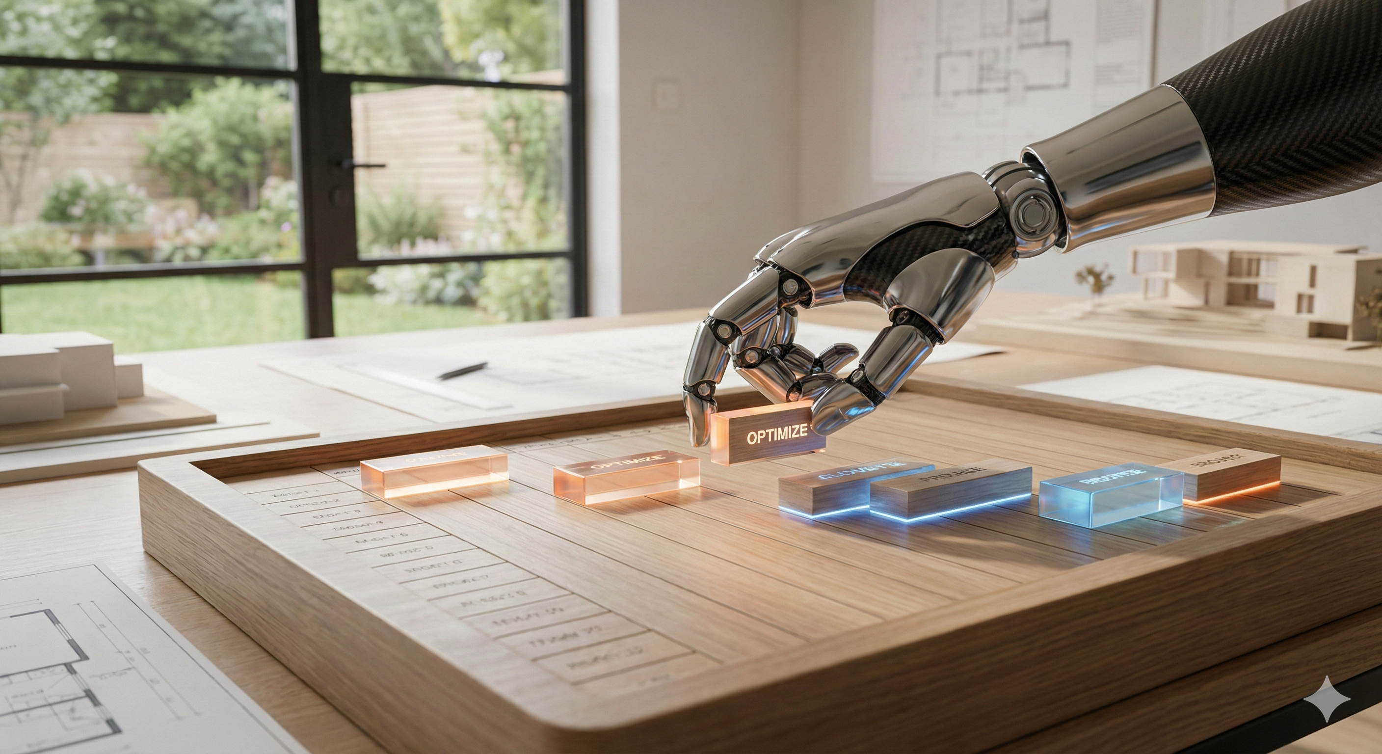 לוח גאנט דיגיטלי תלת-ממדי מרחף באוויר, כשיד רובוטית עדינה מזיזה אבני דרך ומסדרת אותן מחדש בצורה אופטימלית, על רקע משרד שקט.