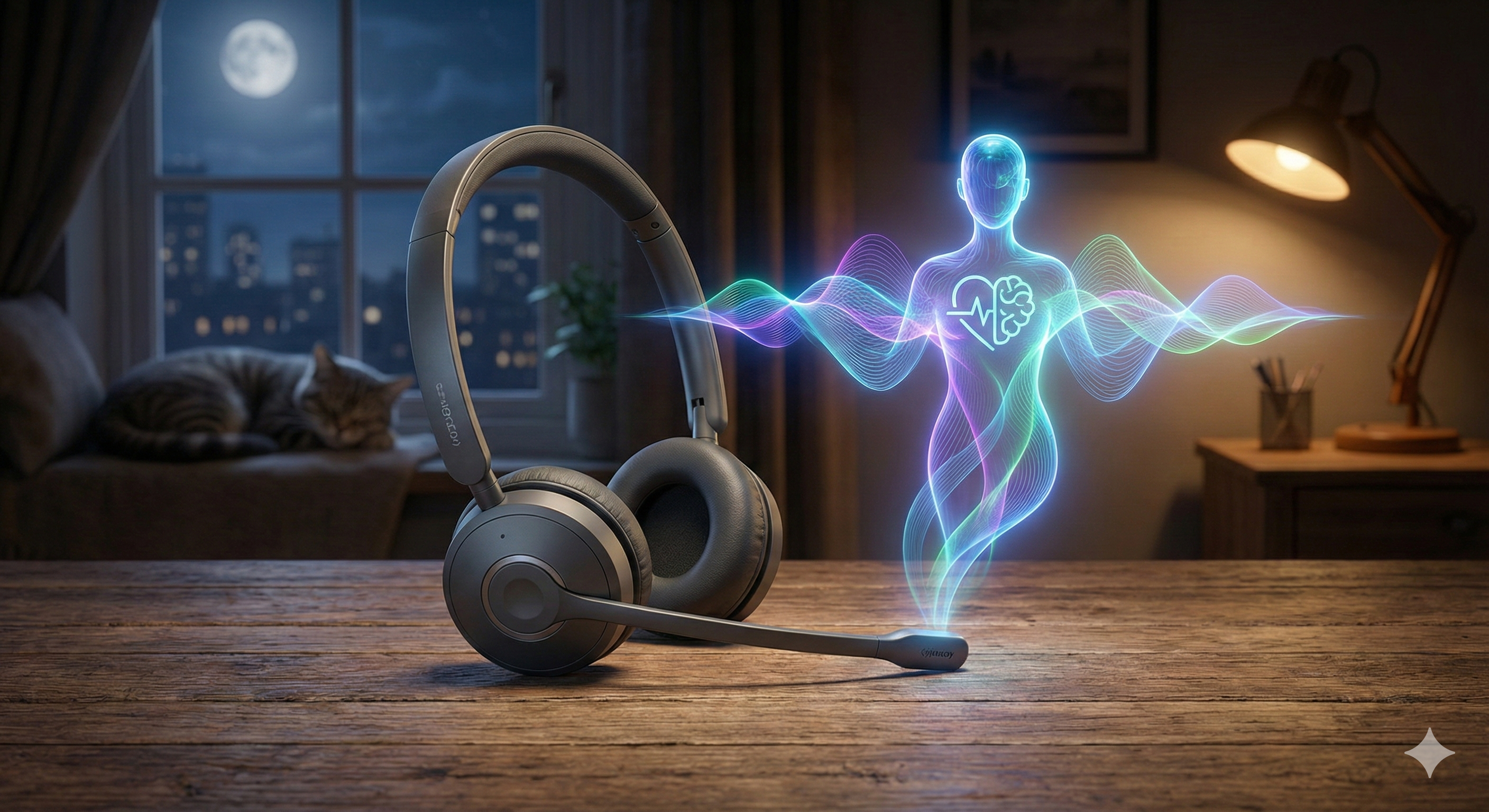 אוזניות של מוקד שירות מונחות על שולחן, כשמהמיקרופון יוצאים גלי קול זוהרים בצבעים רכים, המייצגים שיחה אמפתית וחכמה ללא אדם.