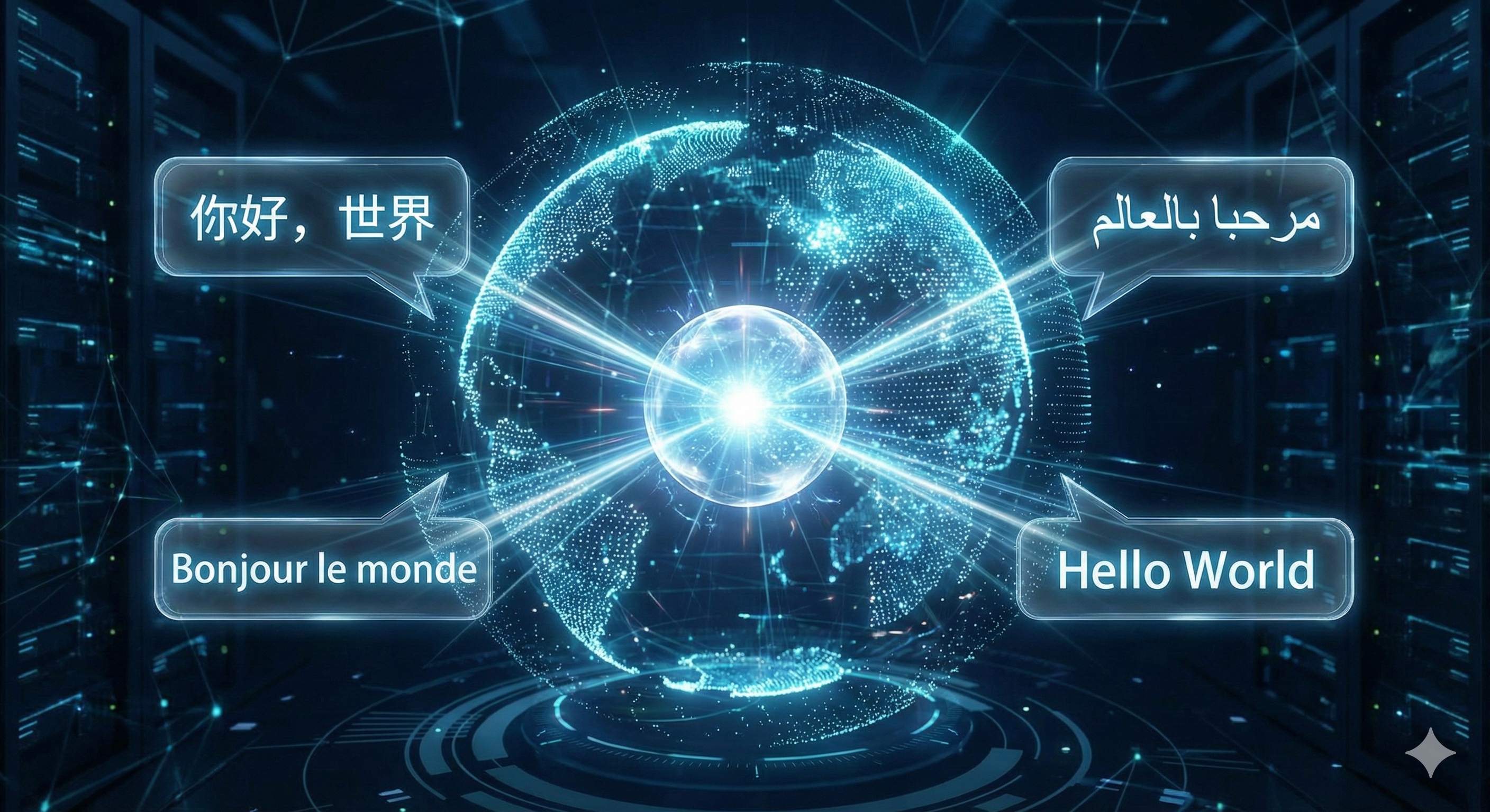 גלובוס דיגיטלי מסתובב, מוקף בבועות דיבור בשפות שונות (סינית, ערבית, צרפתית, אנגלית) שמתחברות כולן למרכז אחד זוהר וברור.