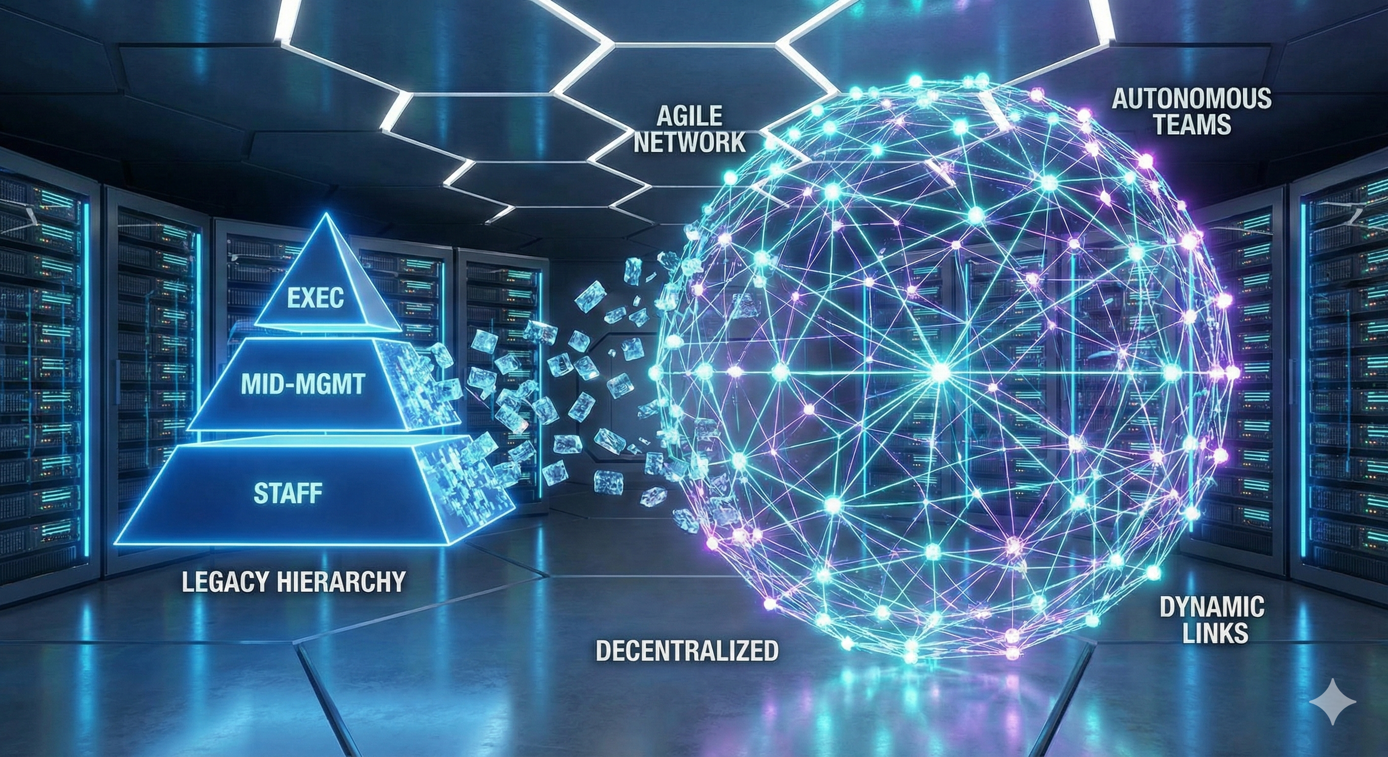 תרשים ארגוני קלאסי בצורת פירמידה מתפרק לקוביות שמרכיבות את עצמן מחדש למבנה של רשת כדורית דינמית ומוארת.