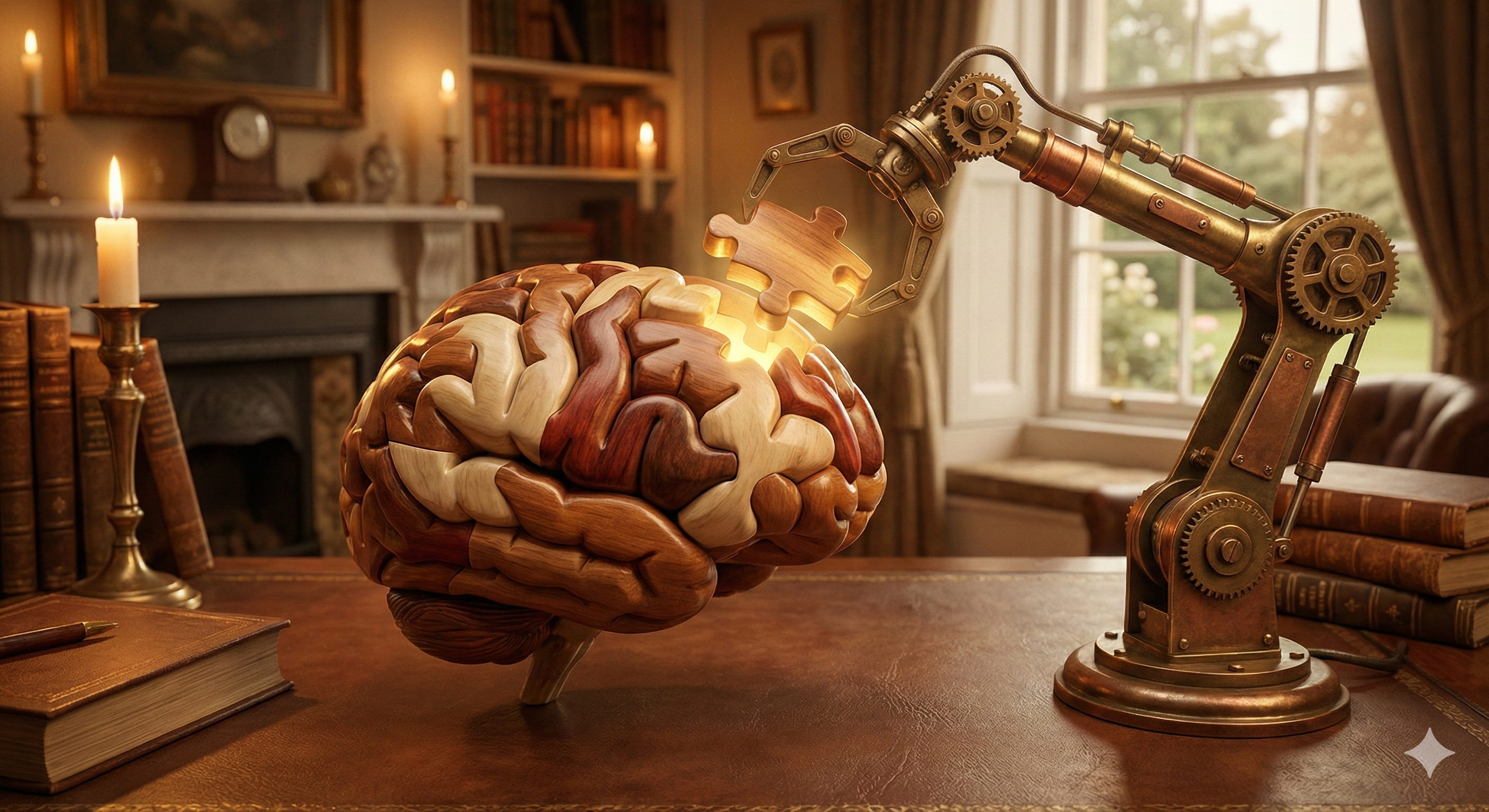 מוח אנושי מואר המורכב מפיסות פאזל צבעוניות, כשחלקים חסרים מושלמים על ידי זרוע רובוטית עדינה בדיוק במקום הנכון.