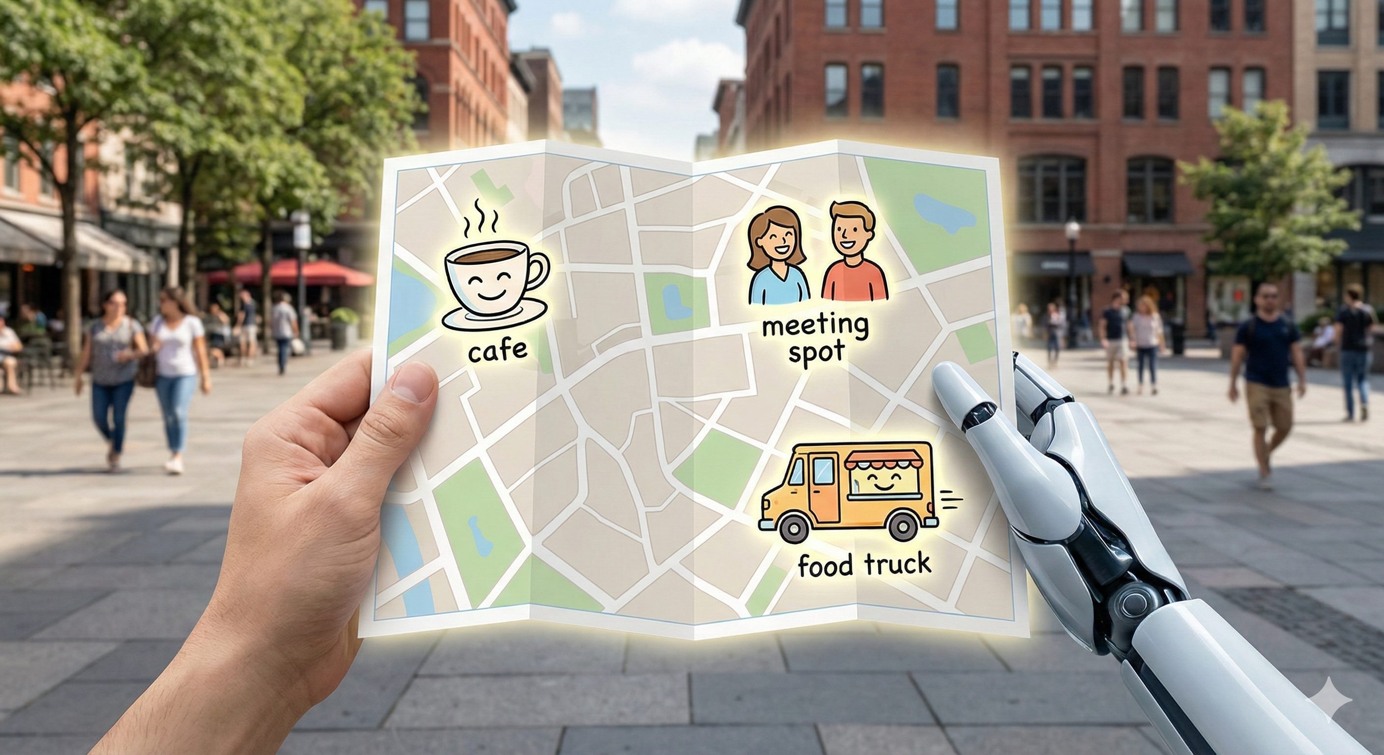 יד אנושית ויד רובוטית מחזיקות יחד מפת התמצאות דיגיטלית של משרד, עם אייקונים שמחים המציינים נקודות עניין כמו קפה וחדרי ישיבות.