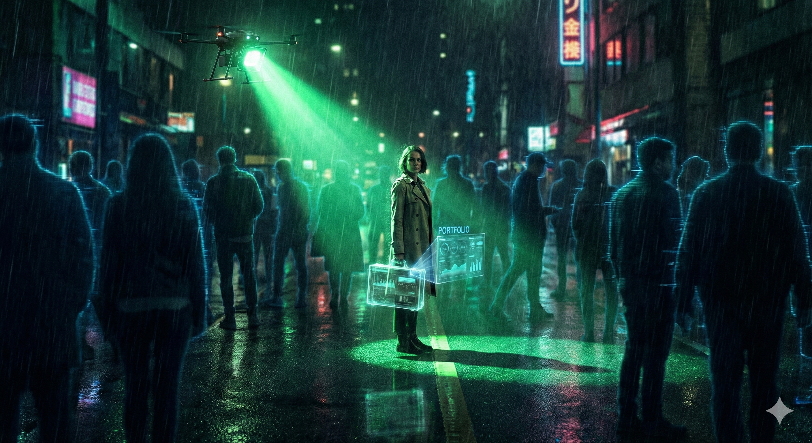 רדאר דיגיטלי סורק המון של אייקונים של אנשים, ומסמן באור ירוק בוהק דמות אחת בולטת שמחזיקה תיק עבודות וירטואלי.