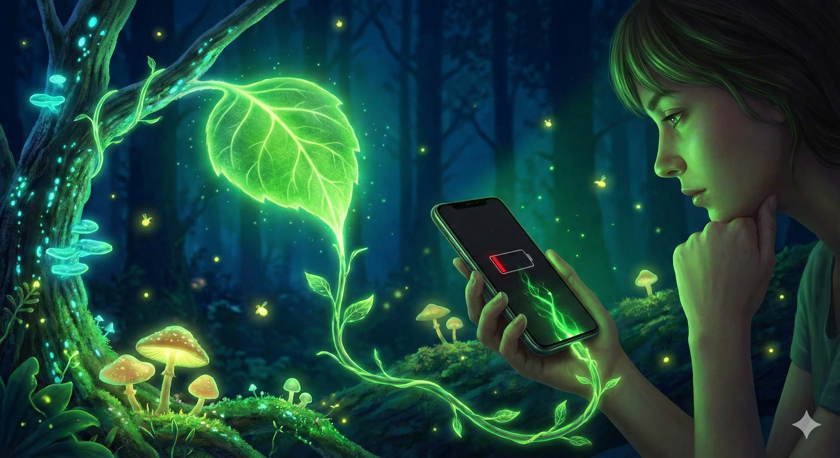 סוללה דיגיטלית של סמארטפון בצבע אדום מהבהב, מחוברת למטען ירוק זוהר בצורת עלה, המסמל את הטעינה מחדש של האנרגיה האנושית באמצעות טכנולוגיה חכמה.