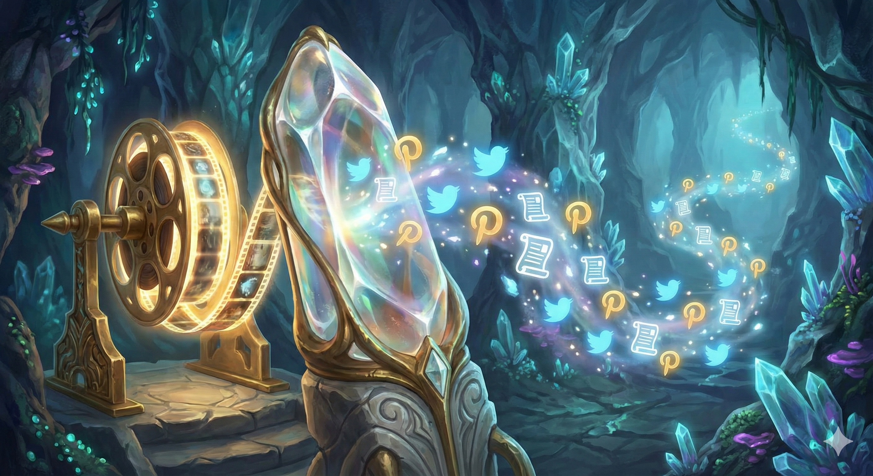 מפעל עתידני מבריק שבו סרט וידאו נכנס מצד אחד, ועובר דרך מנסרות אור שמפרקות אותו לעשרות חלקיקים זוהרים של פוסטים, מאמרים וציוצים שיוצאים מהצד השני.