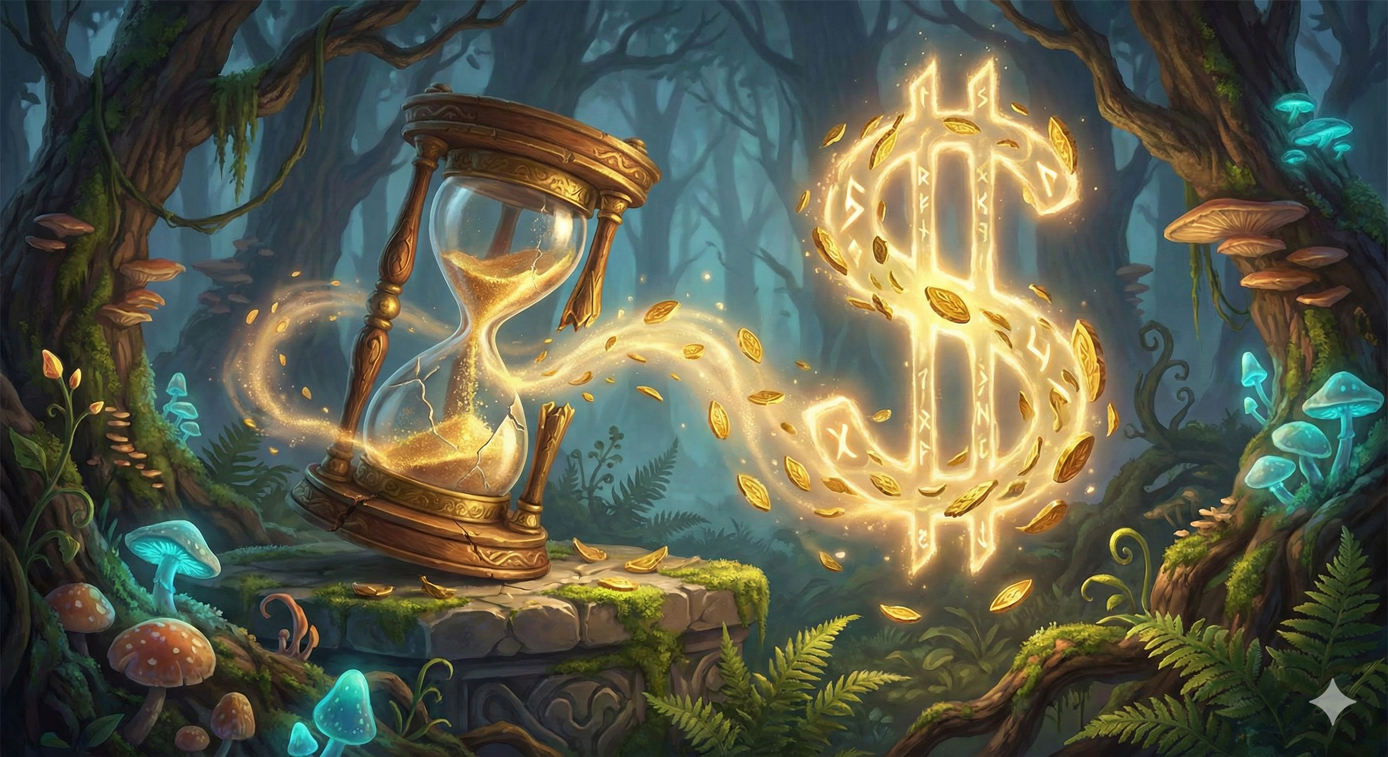 שעון חול נשבר ומתוכו נשפכים שבבי סיליקון זהובים המרכיבים את סמל הדולר ($), על רקע משרד הייטקי נקי.