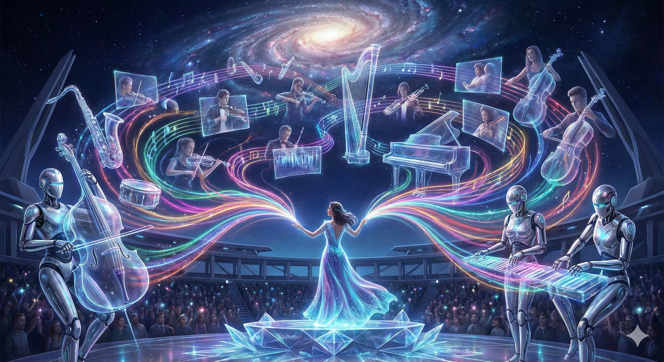 מנצח תזמורת עומד על במה, כשהנגנים הם מסכים מרחפים ורובוטים, והוא מחבר ביניהם בקווים של אור ליצירת הרמוניה מושלמת.