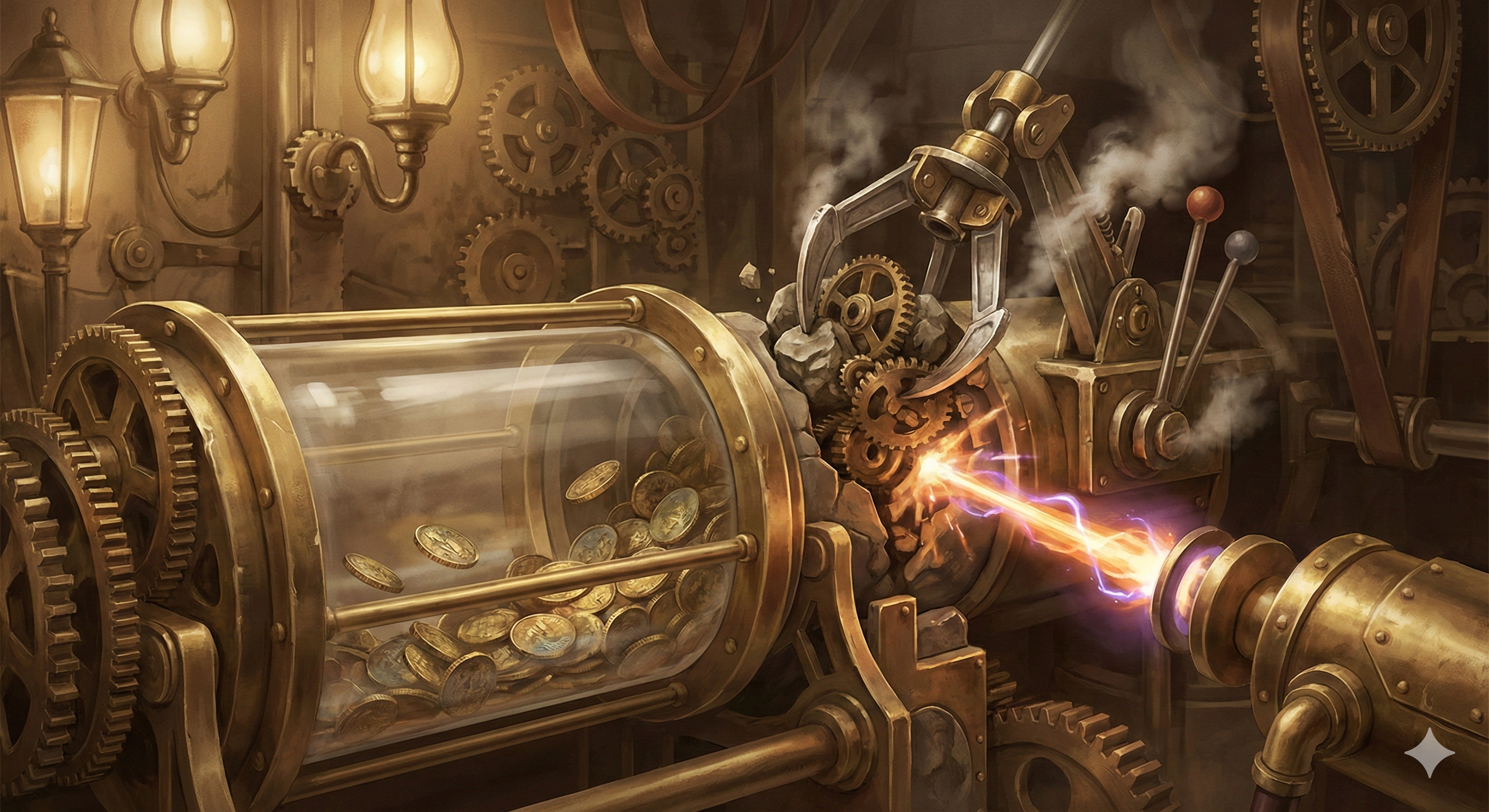 צינור שקוף ודיגיטלי (Pipeline) שזורמים בו מטבעות זהב, כאשר סורק לייזר כחול מזהה חסימה ומסיר אותה באופן אוטומטי כדי שהזרימה תמשך.