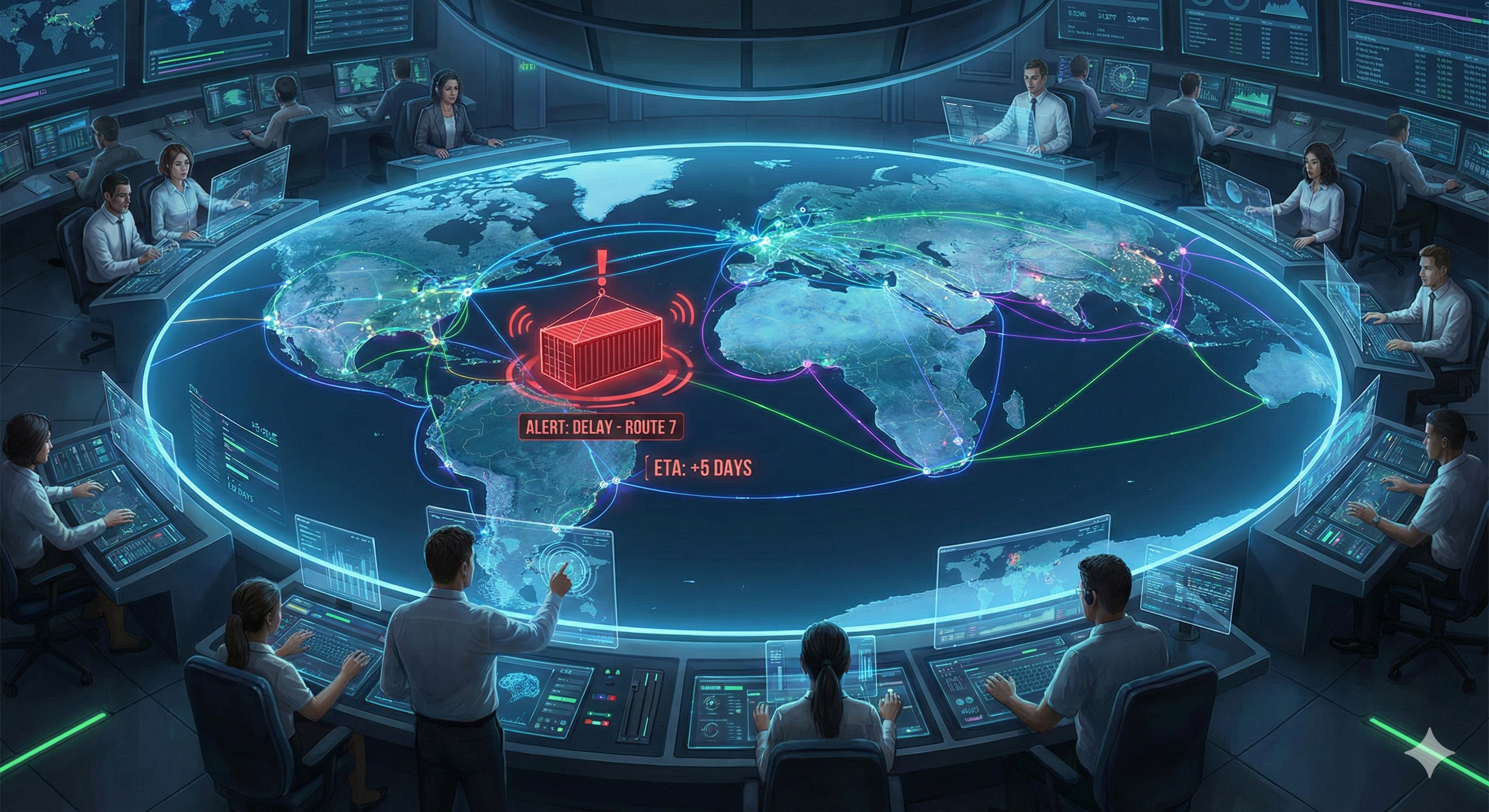 מפה הולוגרפית תלת-ממדית של העולם פרוסה על שולחן, כשקווים זוהרים מחברים בין נמלים ומפעלים, ומכולה וירטואלית משנה את צבעה מירוק לאדום כדי להתריע על עיכוב.