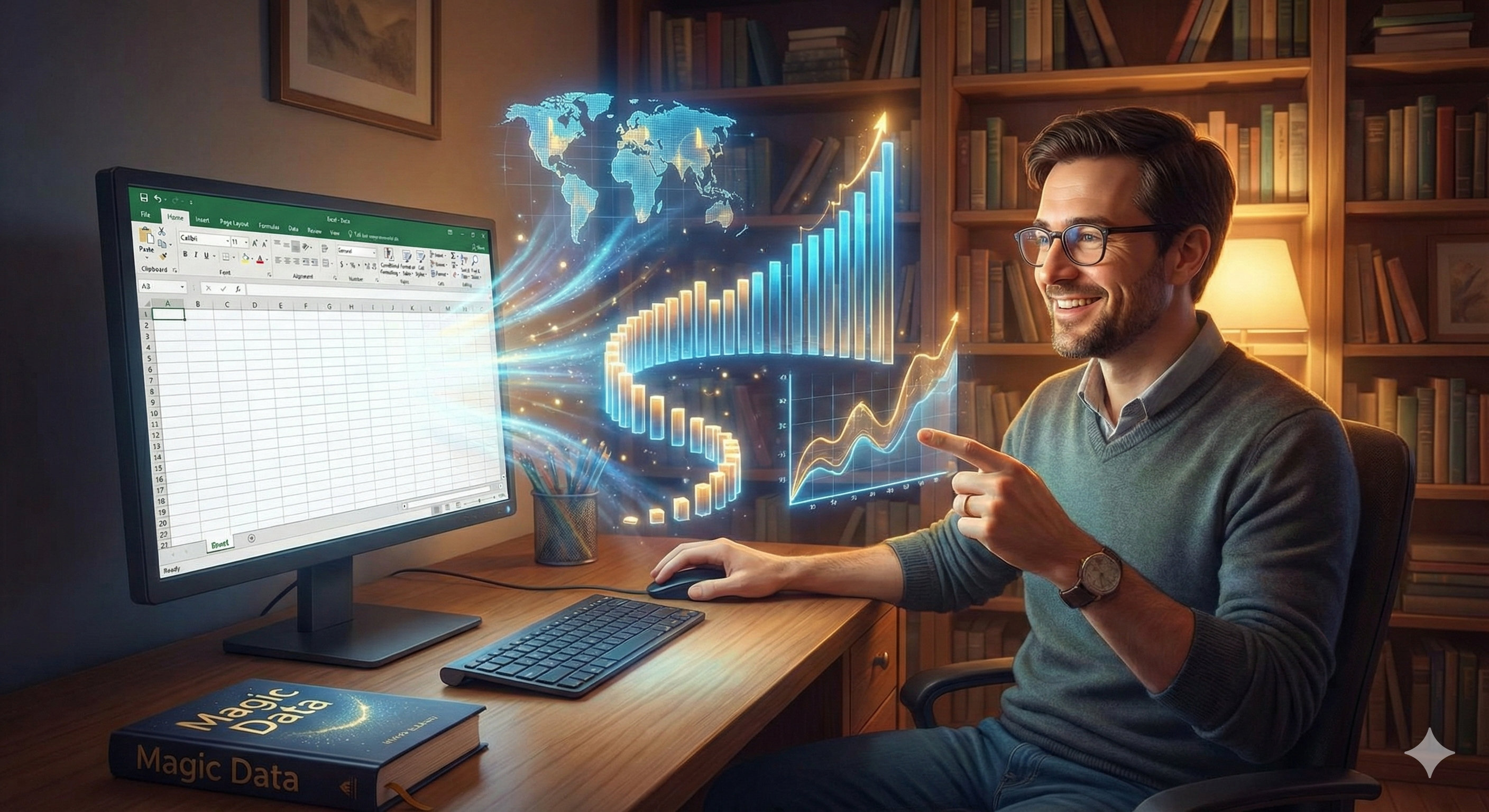 מסך מחשב שעליו מופיעה טבלת אקסל אפורה ומשעממת, שהופכת באנימציה קסומה לגרפים צבעוניים ותלת-ממדיים המרחפים באוויר מול המשתמש.