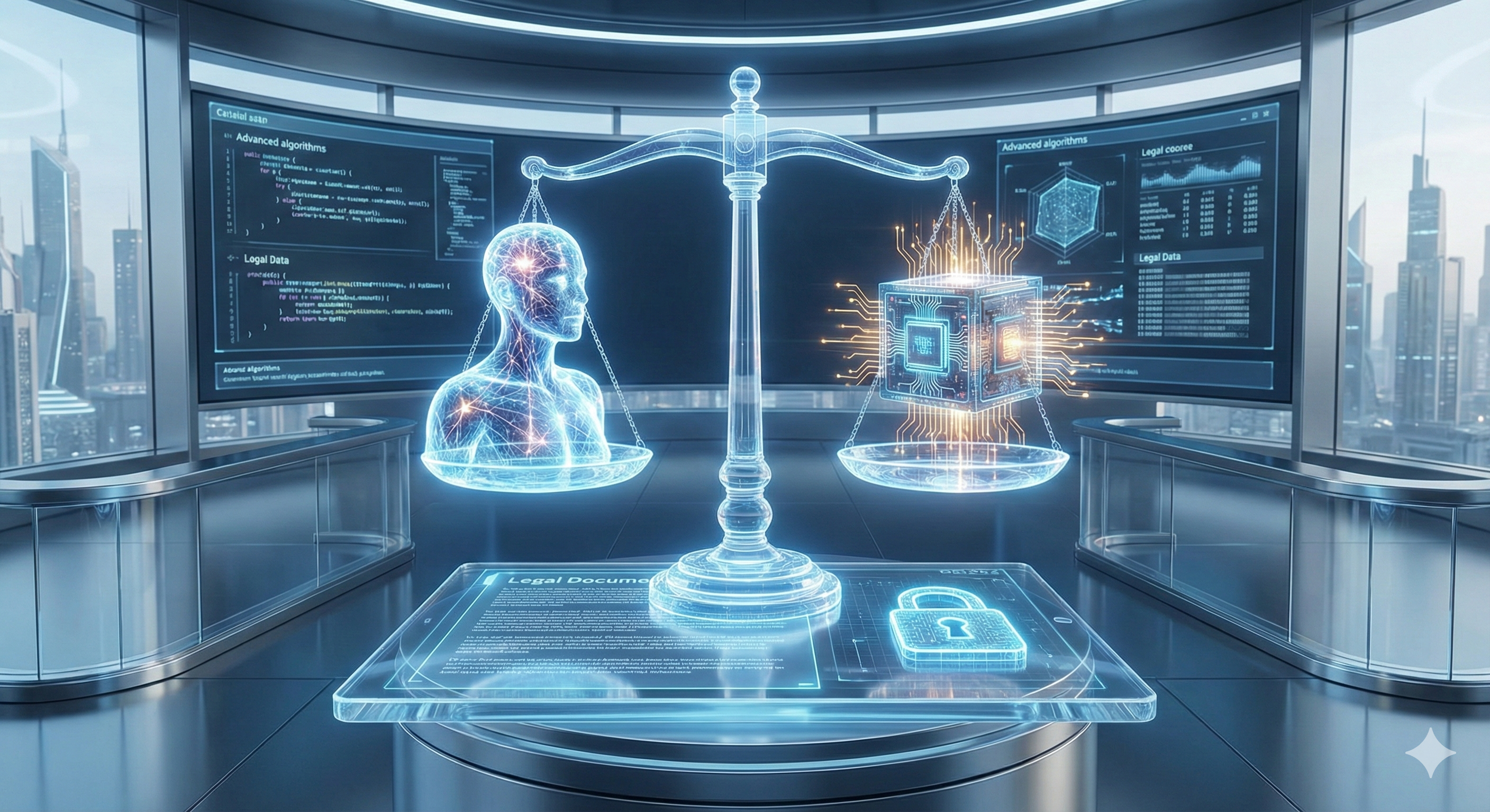 מאזני צדק דיגיטליים המאזנים בין מוח אנושי זוהר לבין שבב סיליקון, על רקע מסמך משפטי מוגן במנעול וירטואלי.