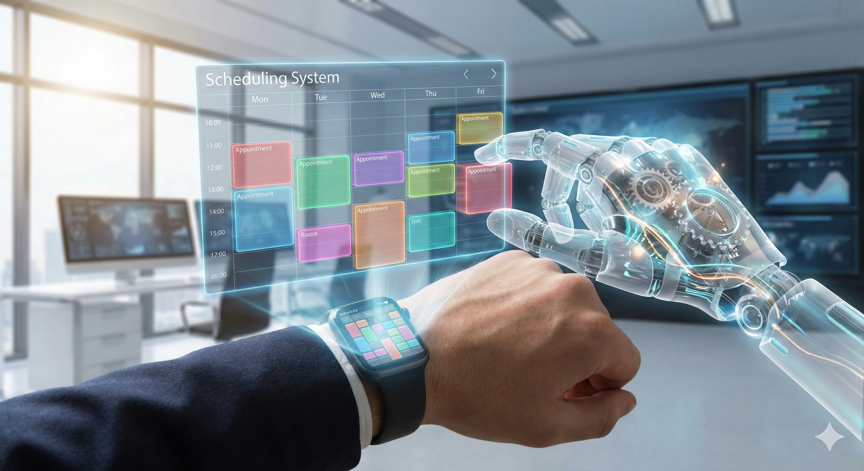 שעון יד חכם המקרין הולוגרמה של יומן פגישות מסודר וצבעוני, כשיד רובוטית שקופה מסדרת את הקוביות במקום הנכון בצורה מושלמת.