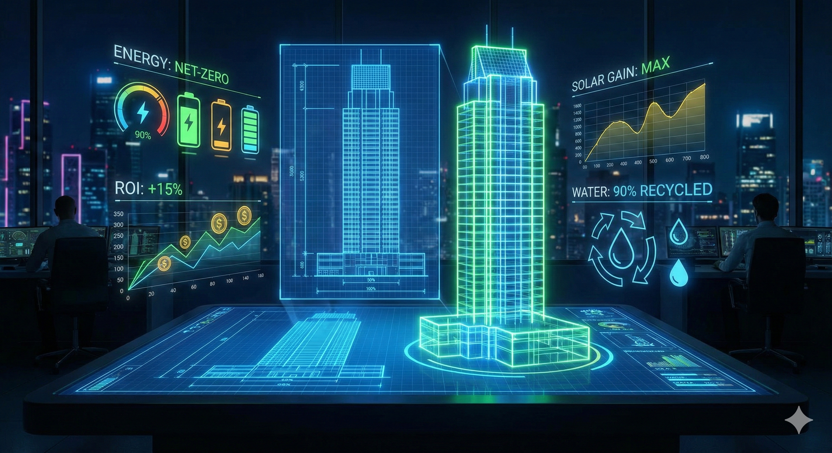 שרטוט אדריכלי כחול (Blueprint) שהופך בתלת-ממד לבניין מודרני מואר, כשמסביבו נתונים מרחפים המציגים את צריכת האנרגיה והרווחיות הצפויה.