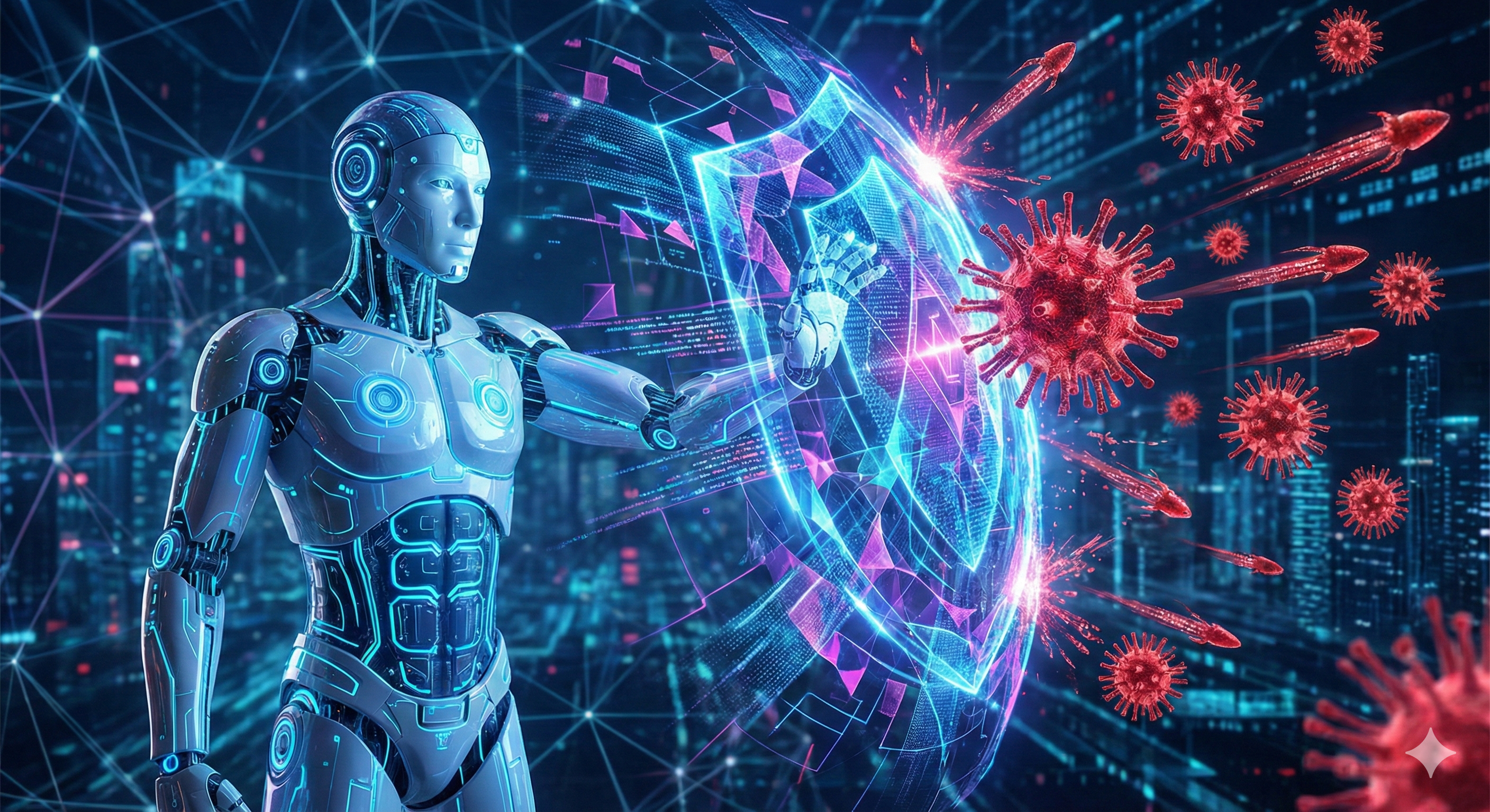 מגן דיגיטלי זוהר בצבע כחול ניאון הודף מטר של חיצים אדומים (קוד זדוני) המגיעים מכל הכיוונים, כשהוא לומד ומשתנה בזמן אמת כדי לחסום אותם.