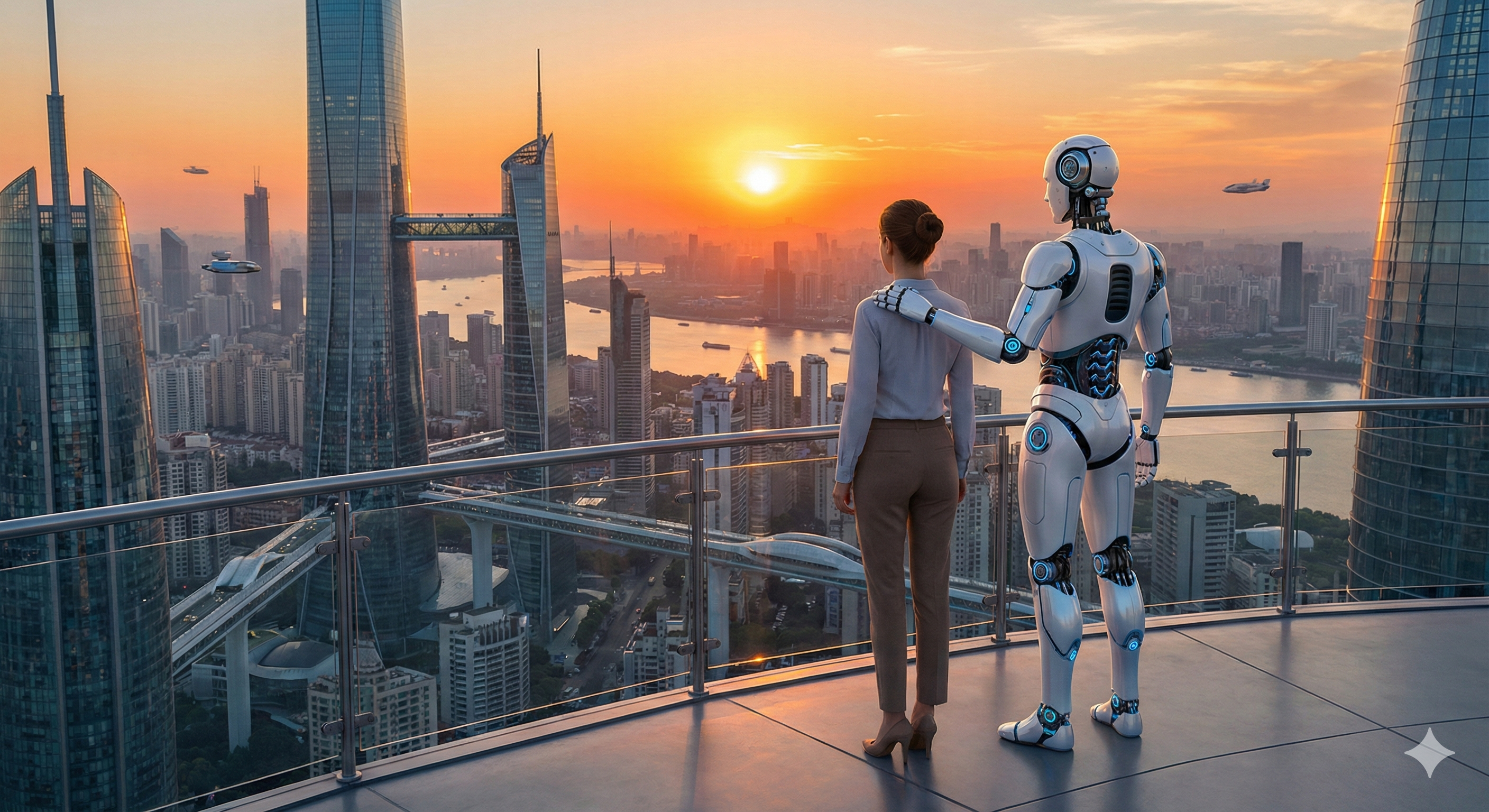 אופק פתוח ומואר בזריחה, שבו דמות אדם ודמות רובוטית שקופה עומדות כתף אל כתף ומביטות יחד אל עבר עיר עתידנית משגשגת והרמונית.