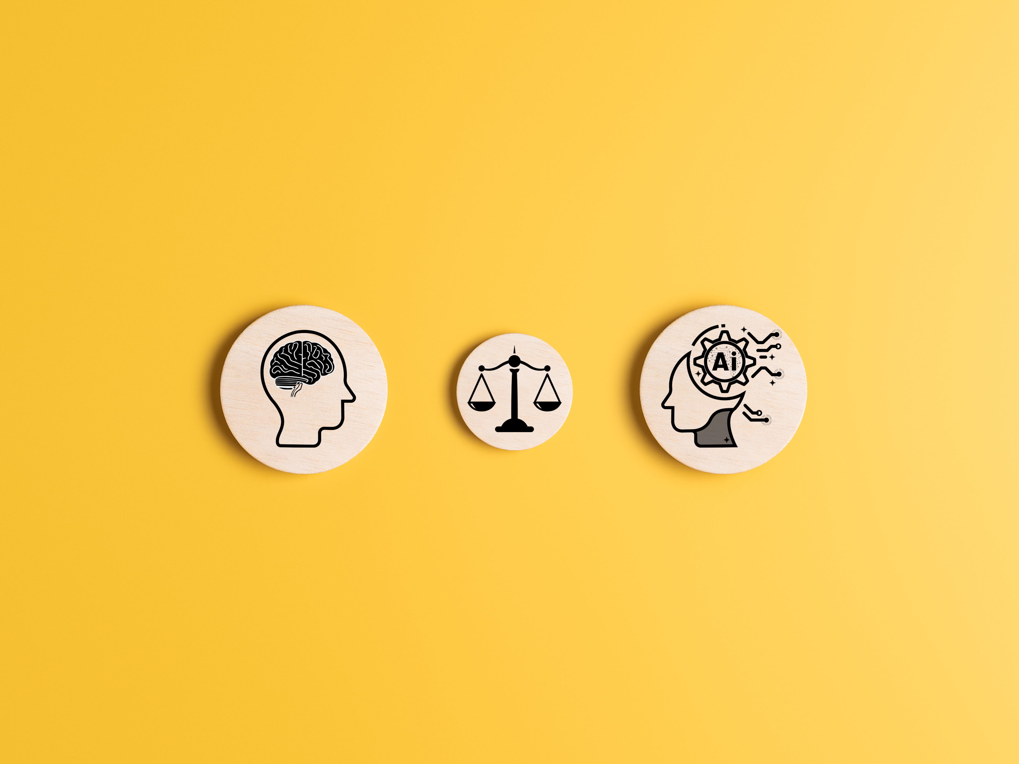 איור עם ציורים שמציב את האדם וAI עם מאזניים באמצע (החוק)